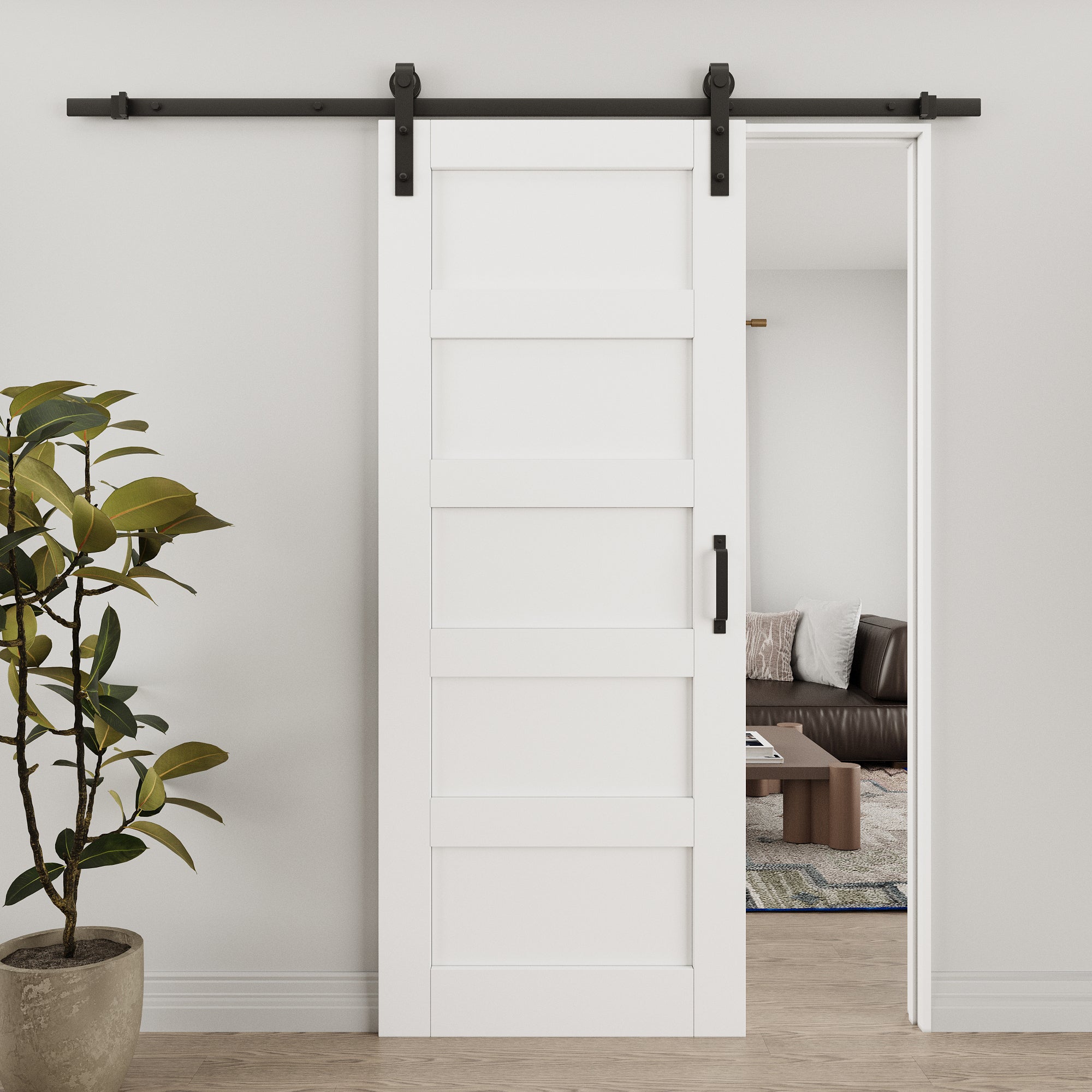 Ark Design 5-Lite Panel White Primed Paneled MDF Sliding Barn Door with Hardware Kit
