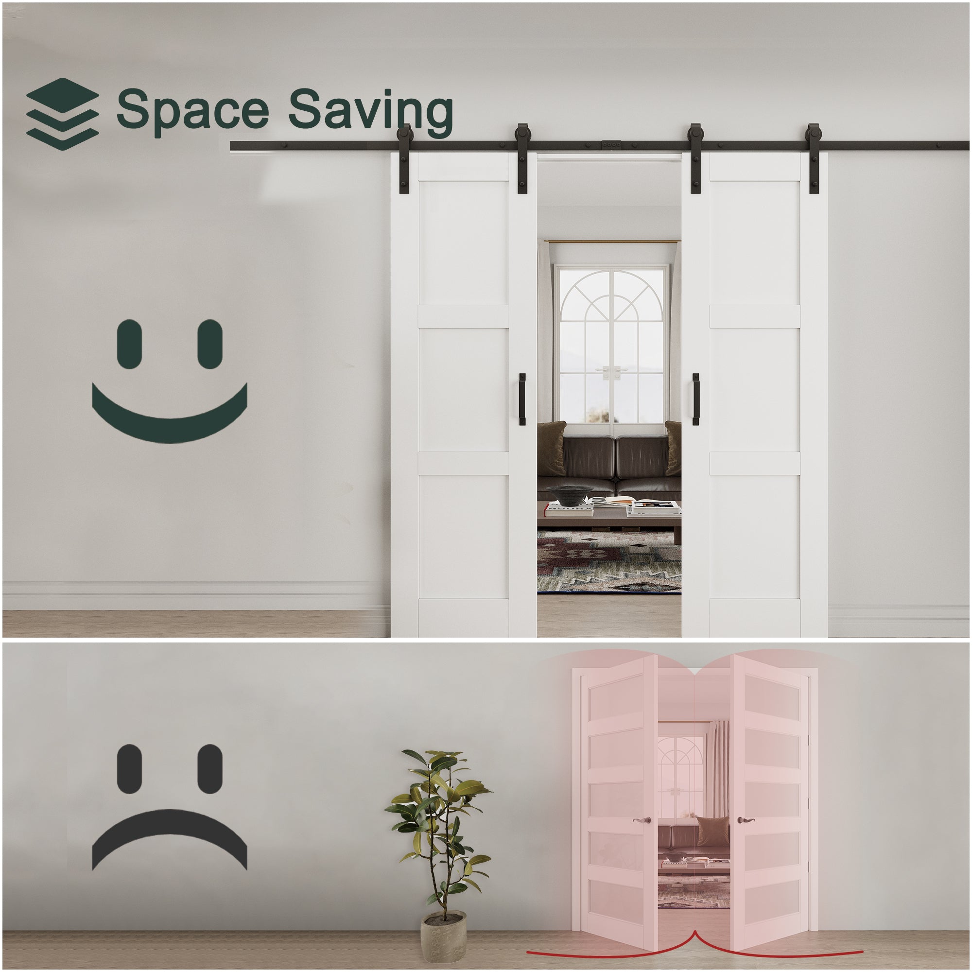 Ark Design 3-Lite Panel White Primed Paneled MDF Double Sliding Barn Door with Hardware Kit