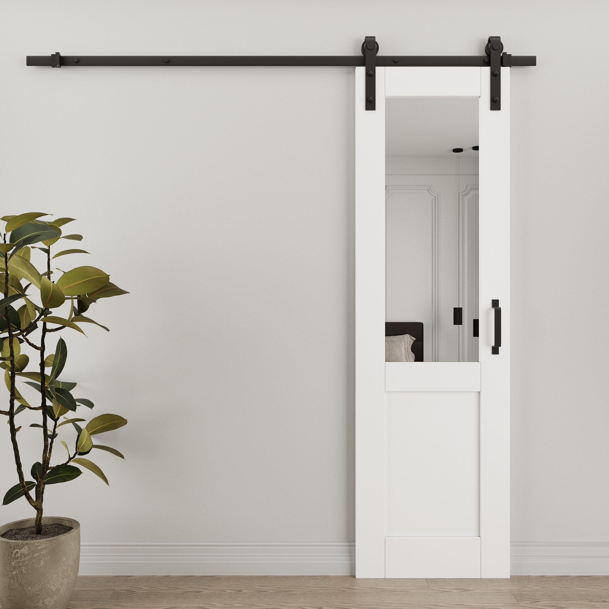 Ark Design 1/2-Lite Mirrored Glass White Primed Sliding Barn Door with Hardware Kit