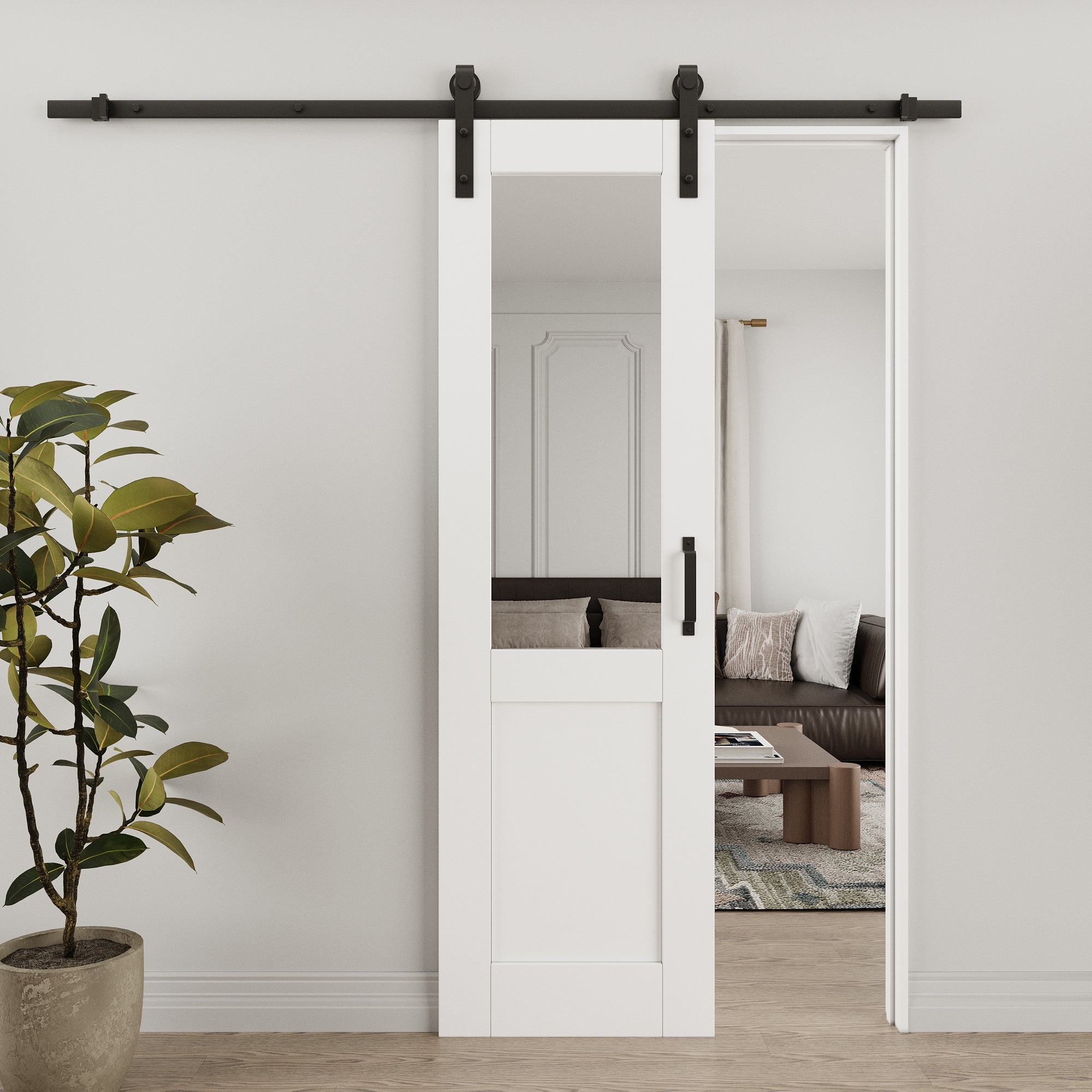 Ark Design 1/2-Lite Mirrored Glass White Primed Sliding Barn Door with Hardware Kit