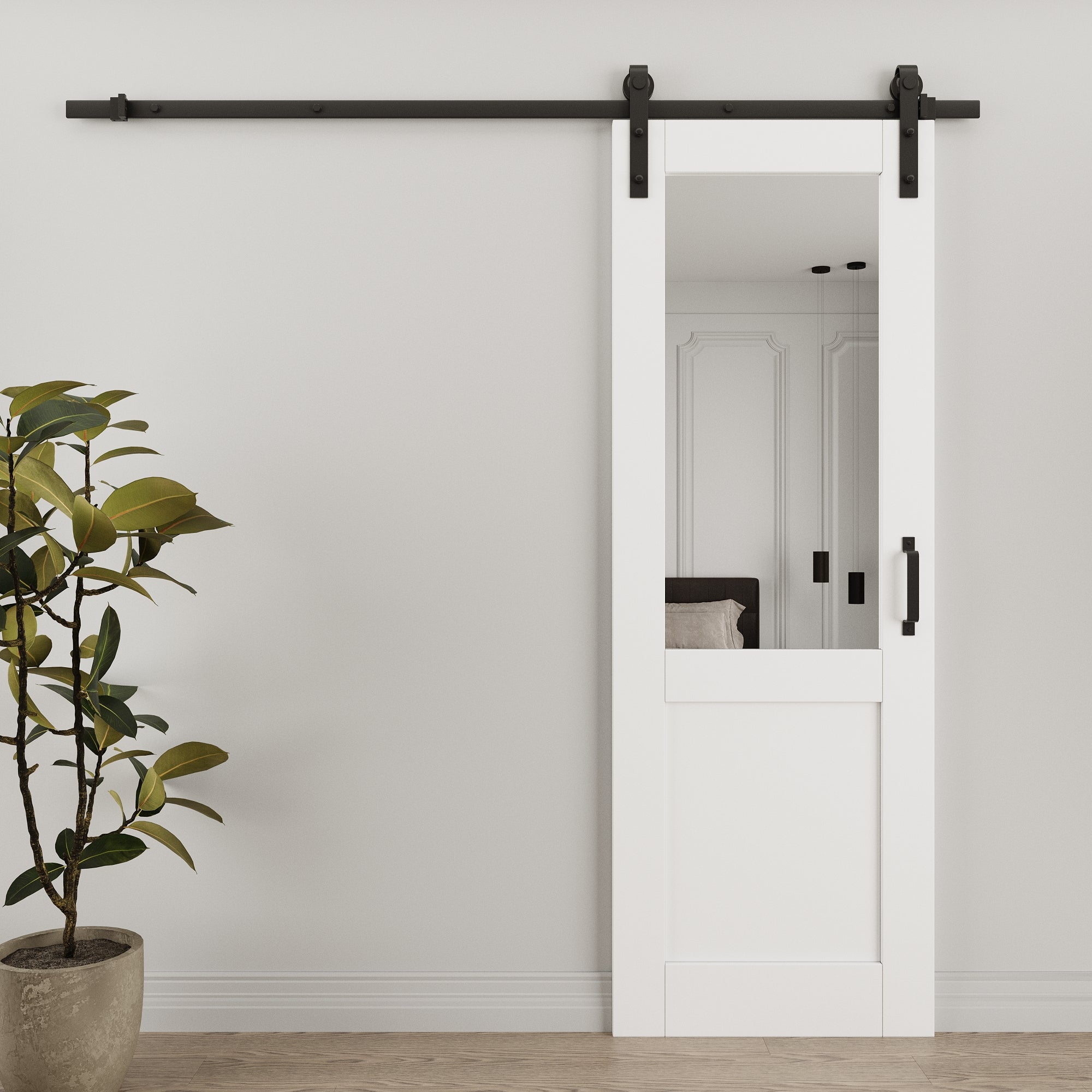 Ark Design 1/2-Lite Mirrored Glass White Primed Sliding Barn Door with Hardware Kit