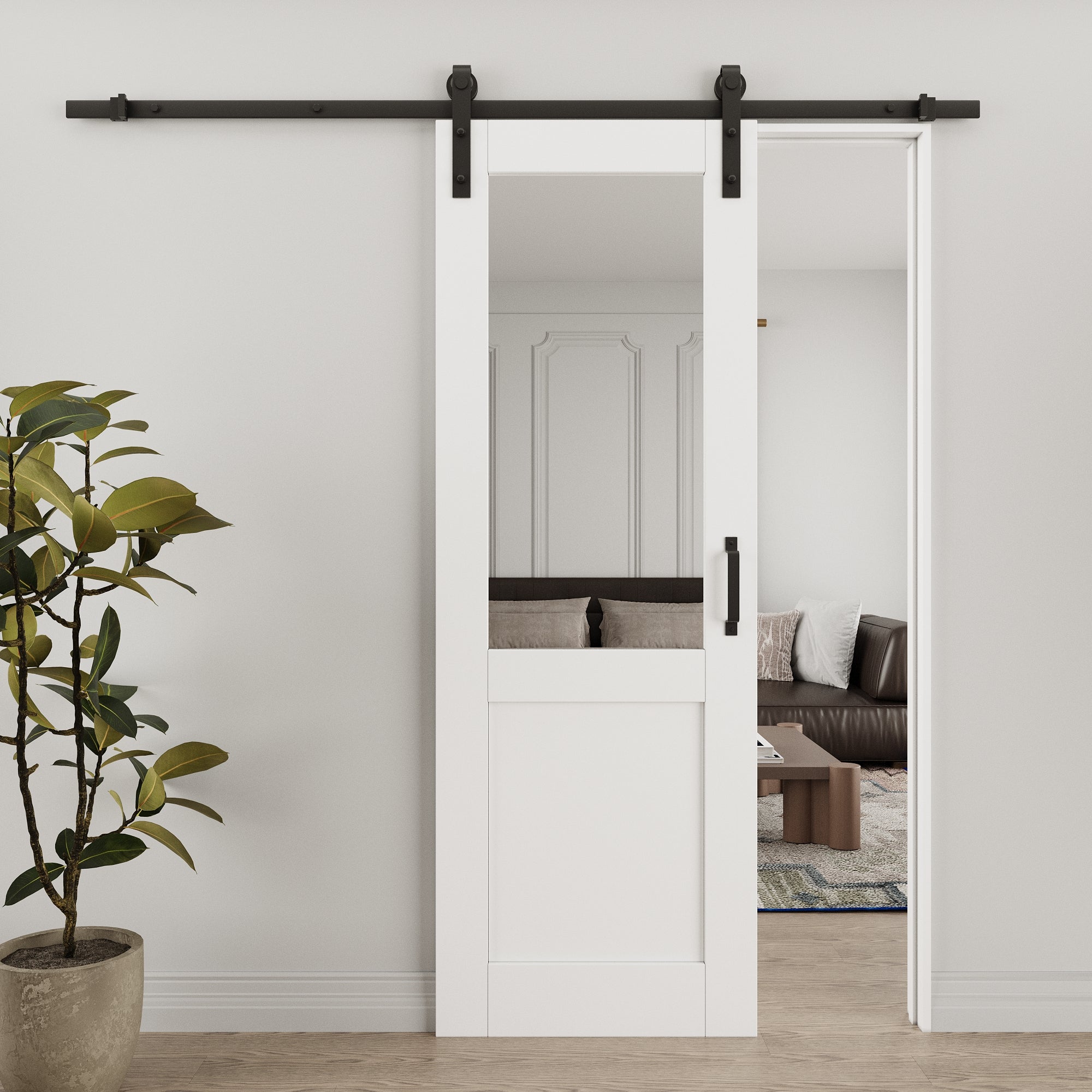 Ark Design 1/2-Lite Mirrored Glass White Primed Sliding Barn Door with Hardware Kit
