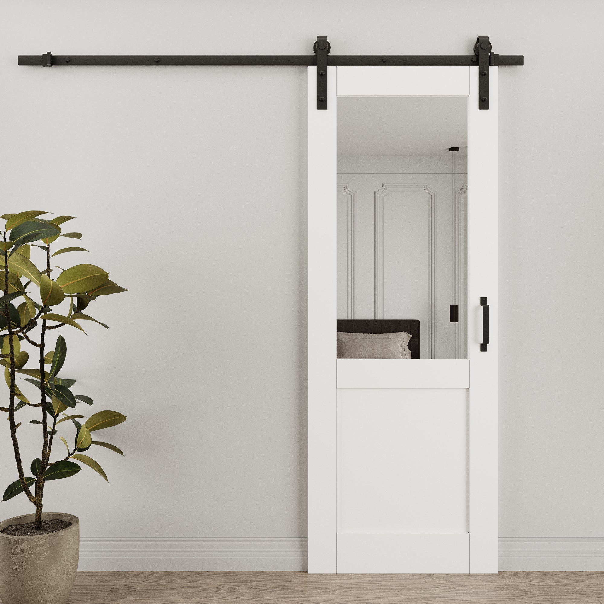 Ark Design 1/2-Lite Mirrored Glass White Primed Sliding Barn Door with Hardware Kit