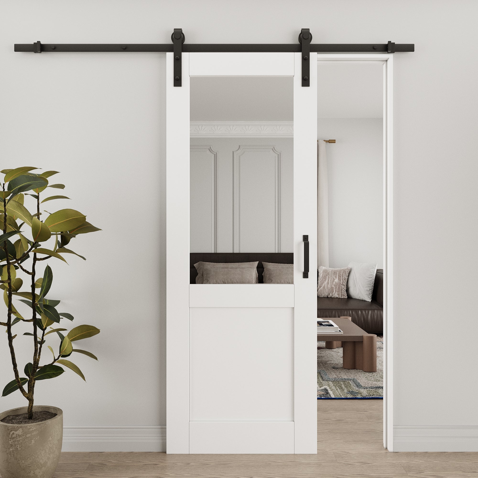Ark Design 1/2-Lite Mirrored Glass White Primed Sliding Barn Door with Hardware Kit