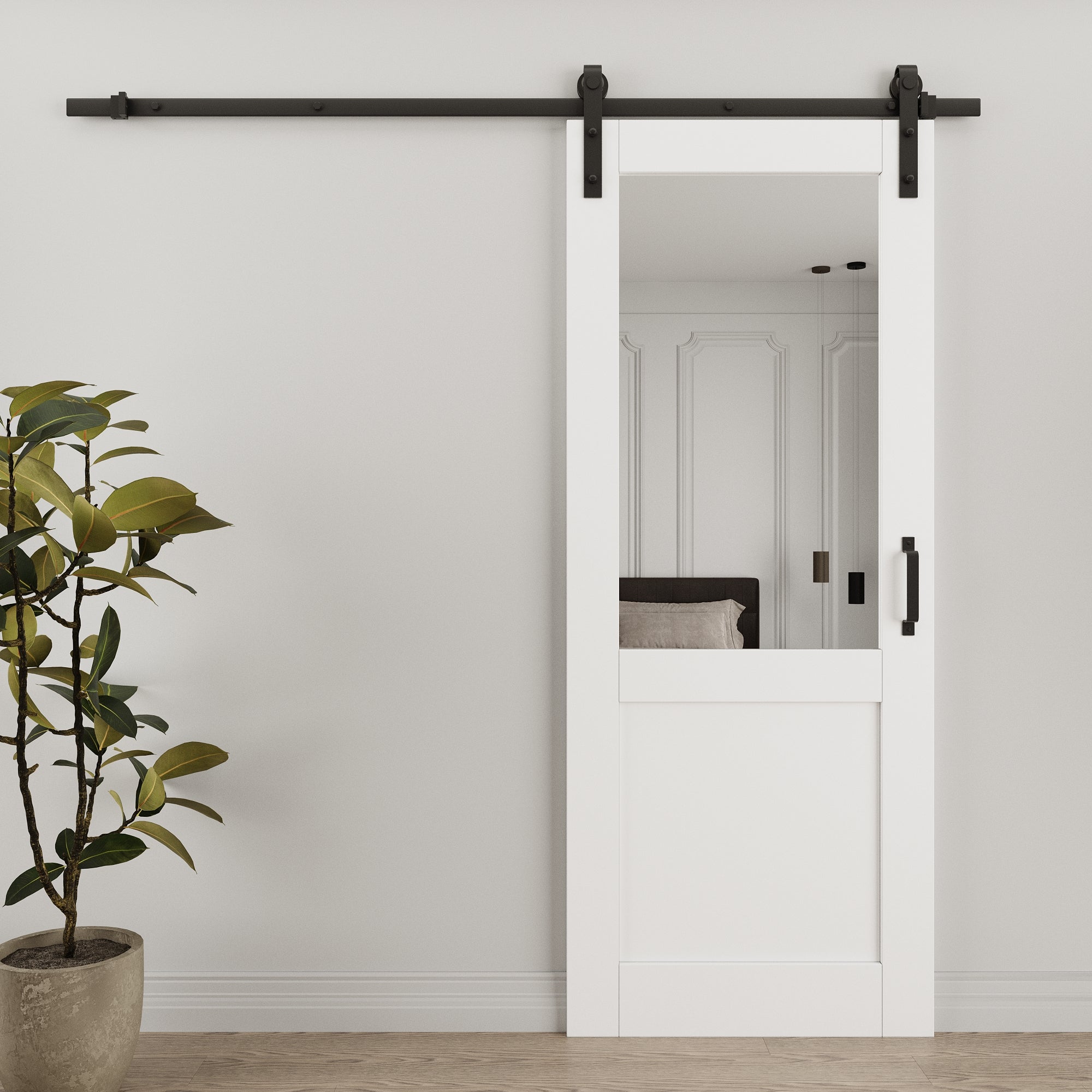 Ark Design 1/2-Lite Mirrored Glass White Primed Sliding Barn Door with Hardware Kit