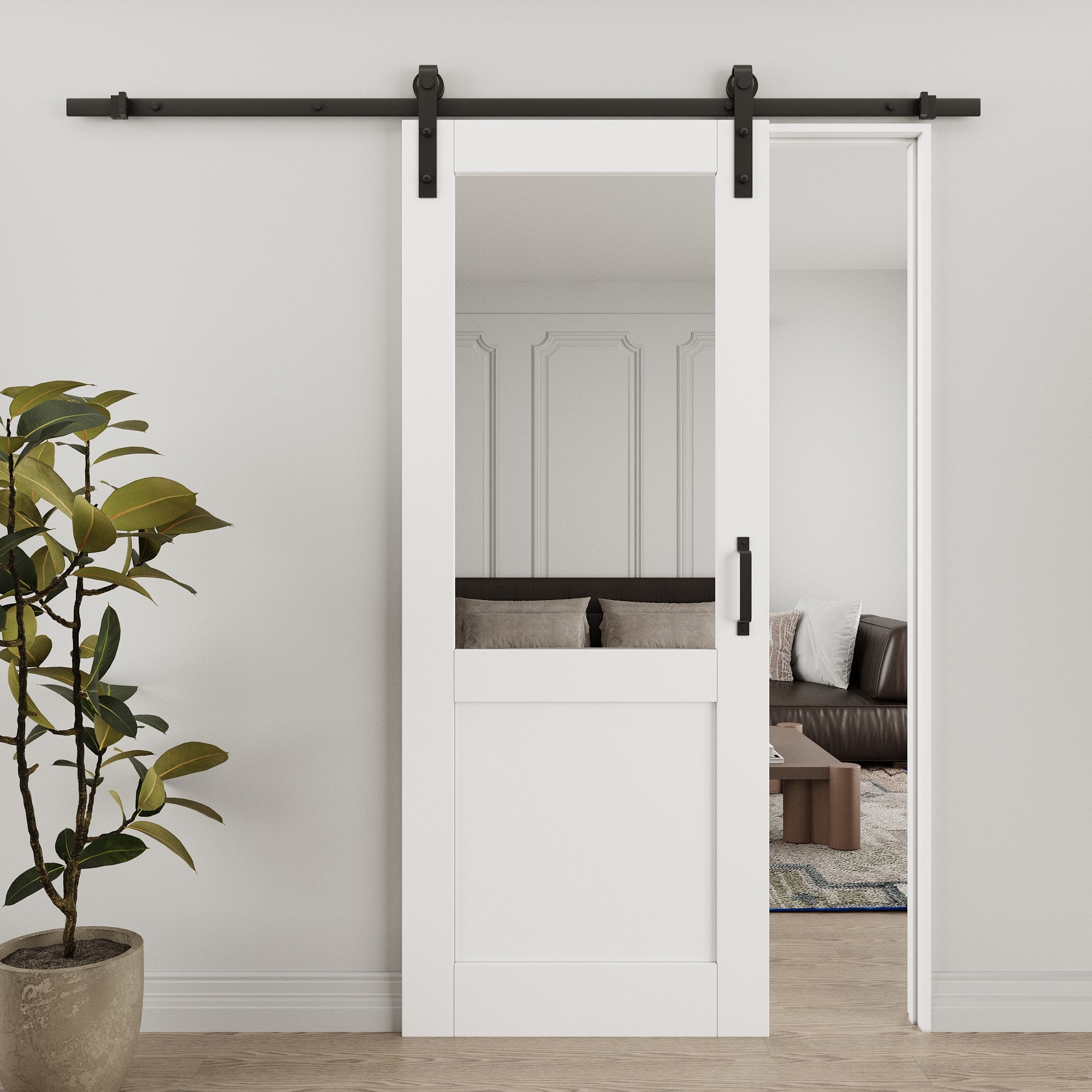Ark Design 1/2-Lite Mirrored Glass White Primed Sliding Barn Door with Hardware Kit