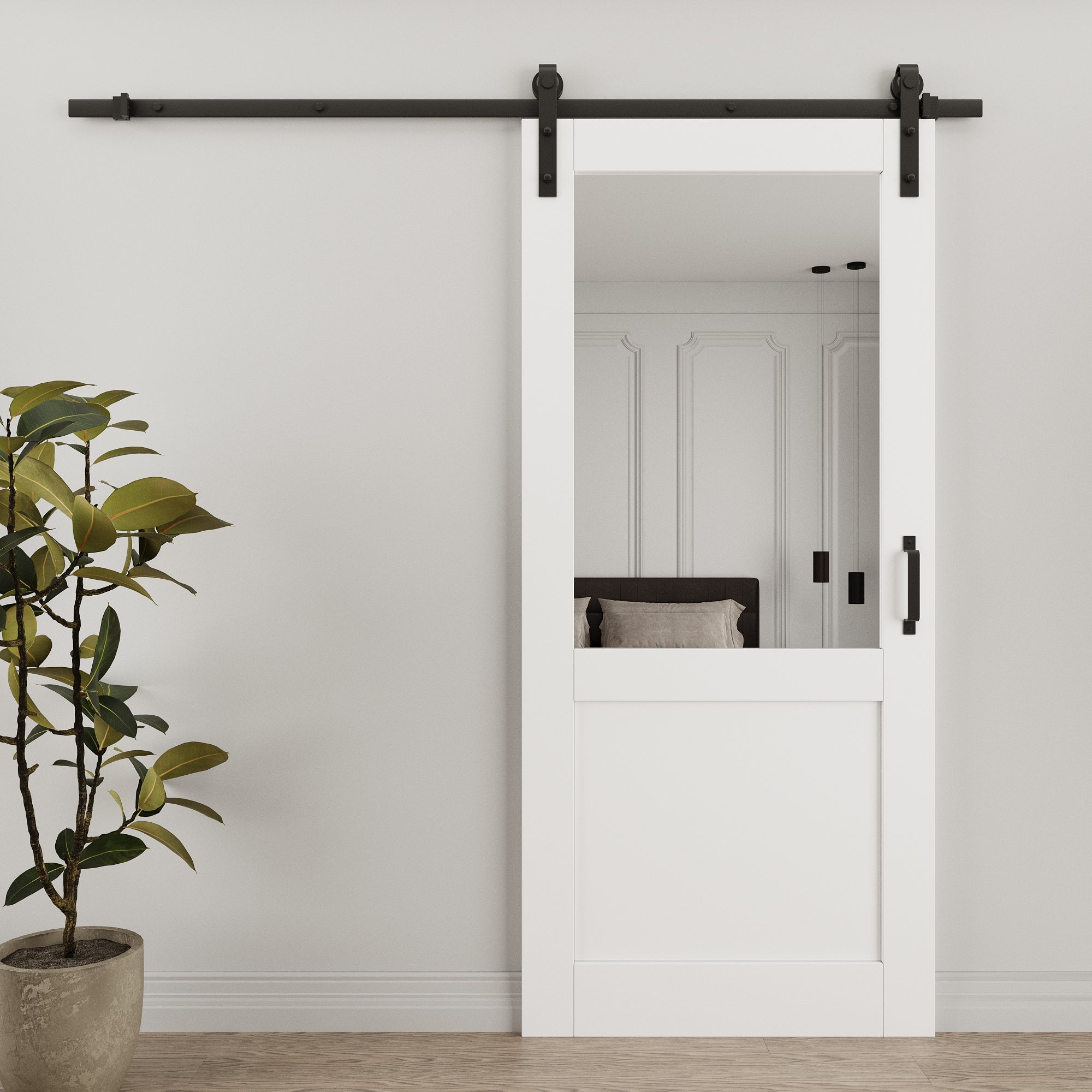 Ark Design 1/2-Lite Mirrored Glass White Primed Sliding Barn Door with Hardware Kit