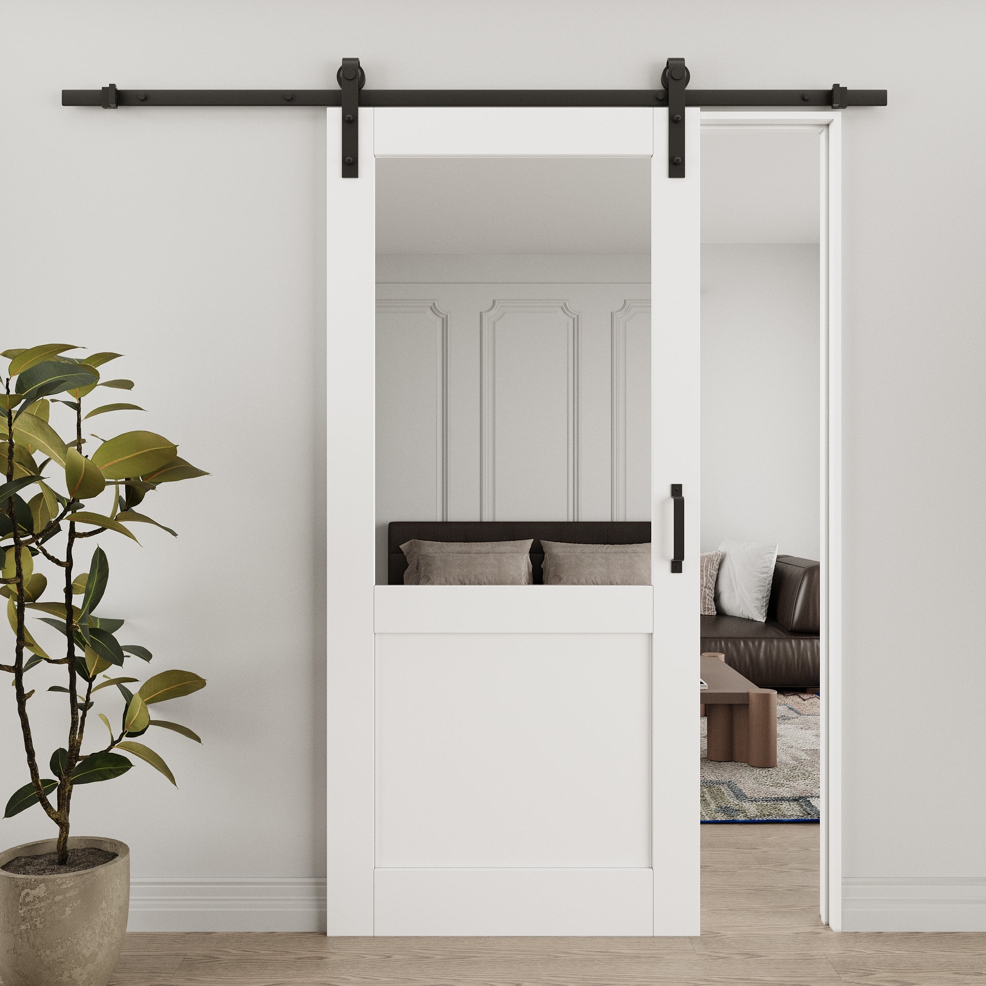 Ark Design 1/2-Lite Mirrored Glass White Primed Sliding Barn Door with Hardware Kit
