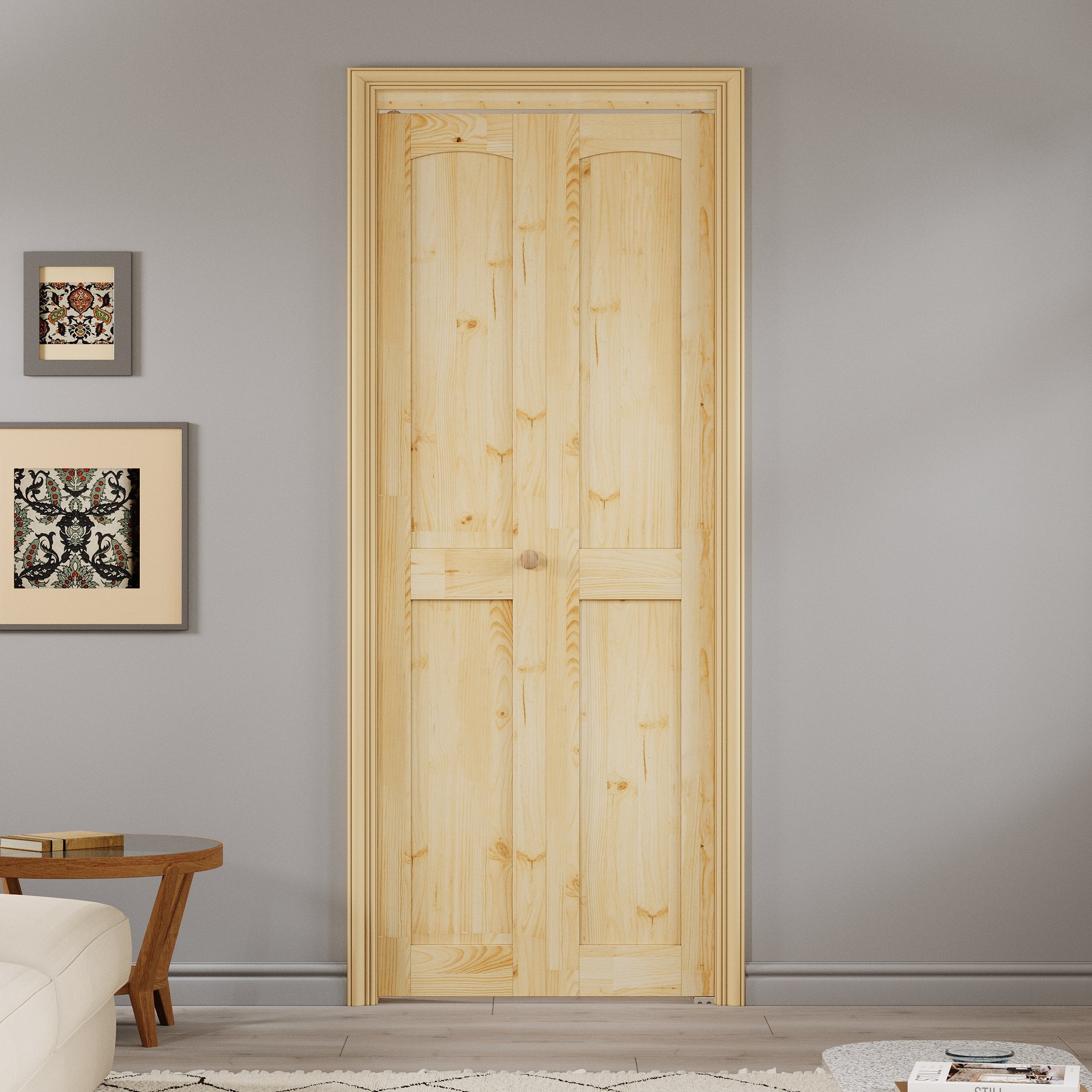 Ark Design Arch Panel 2-Lite Solid Core Unfinished Pine Wood Interior Closet Bi-Fold Door with Hardware