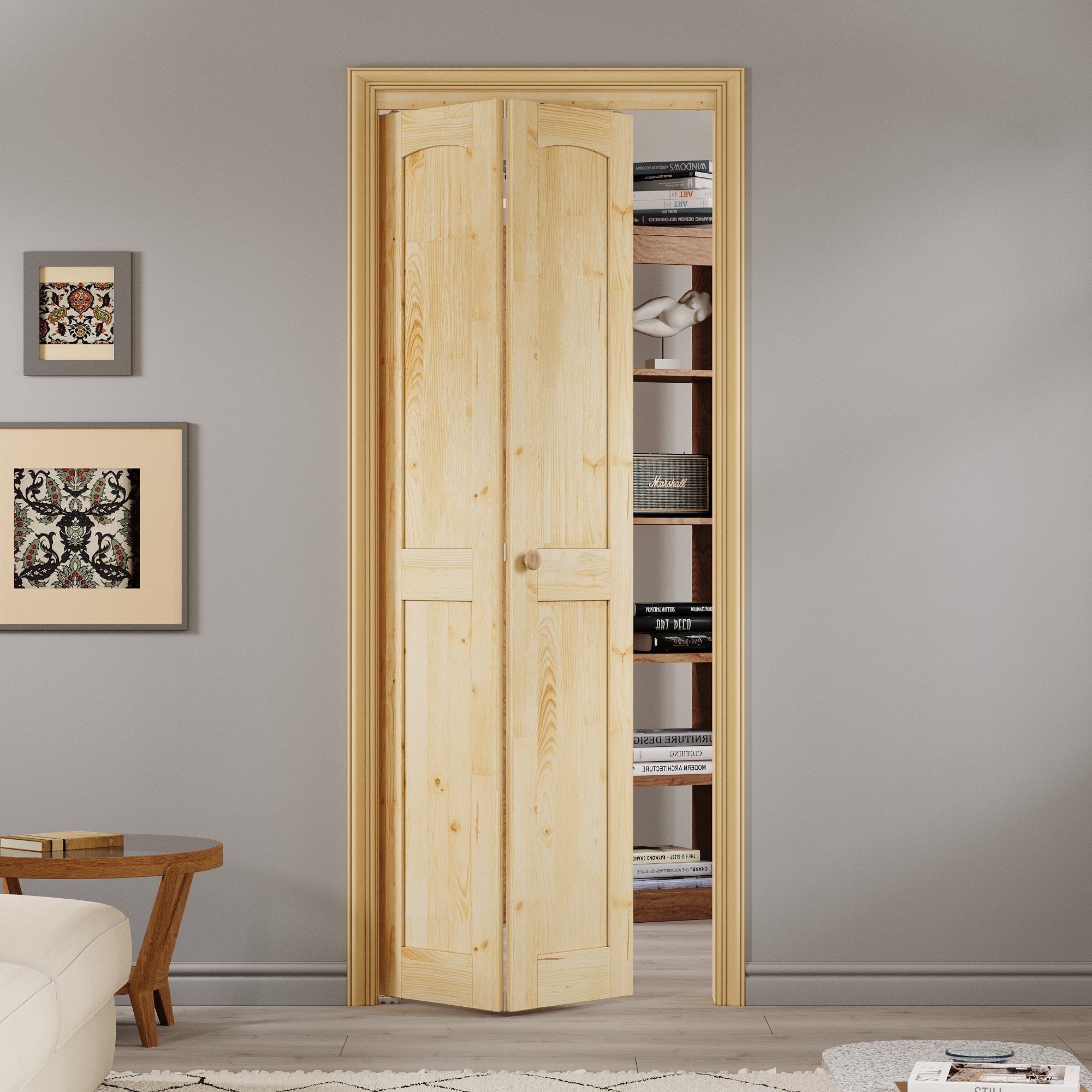 Ark Design Arch Panel 2-Lite Solid Core Unfinished Pine Wood Interior Closet Bi-Fold Door with Hardware