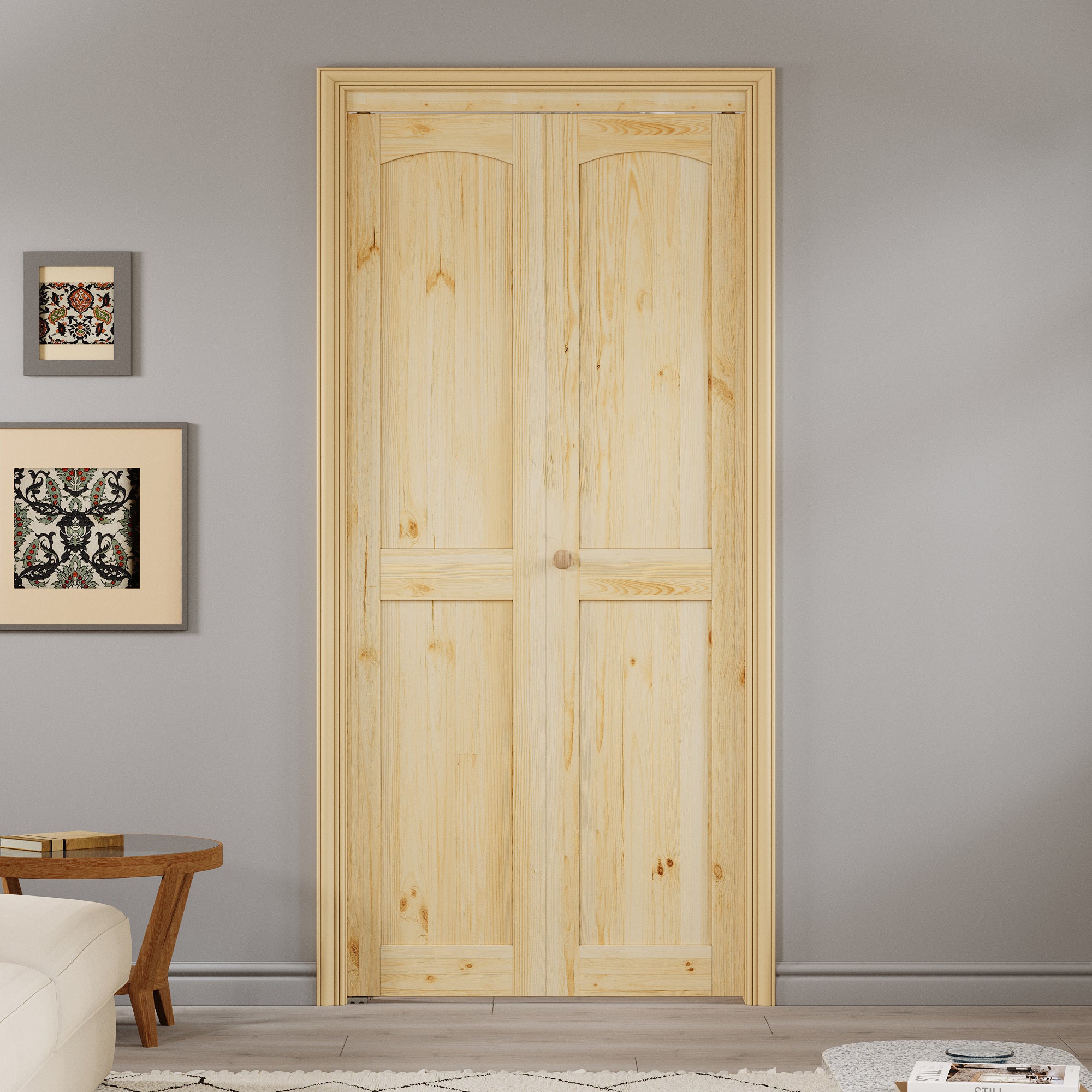 Ark Design Arch Panel 2-Lite Solid Core Unfinished Pine Wood Interior Closet Bi-Fold Door with Hardware
