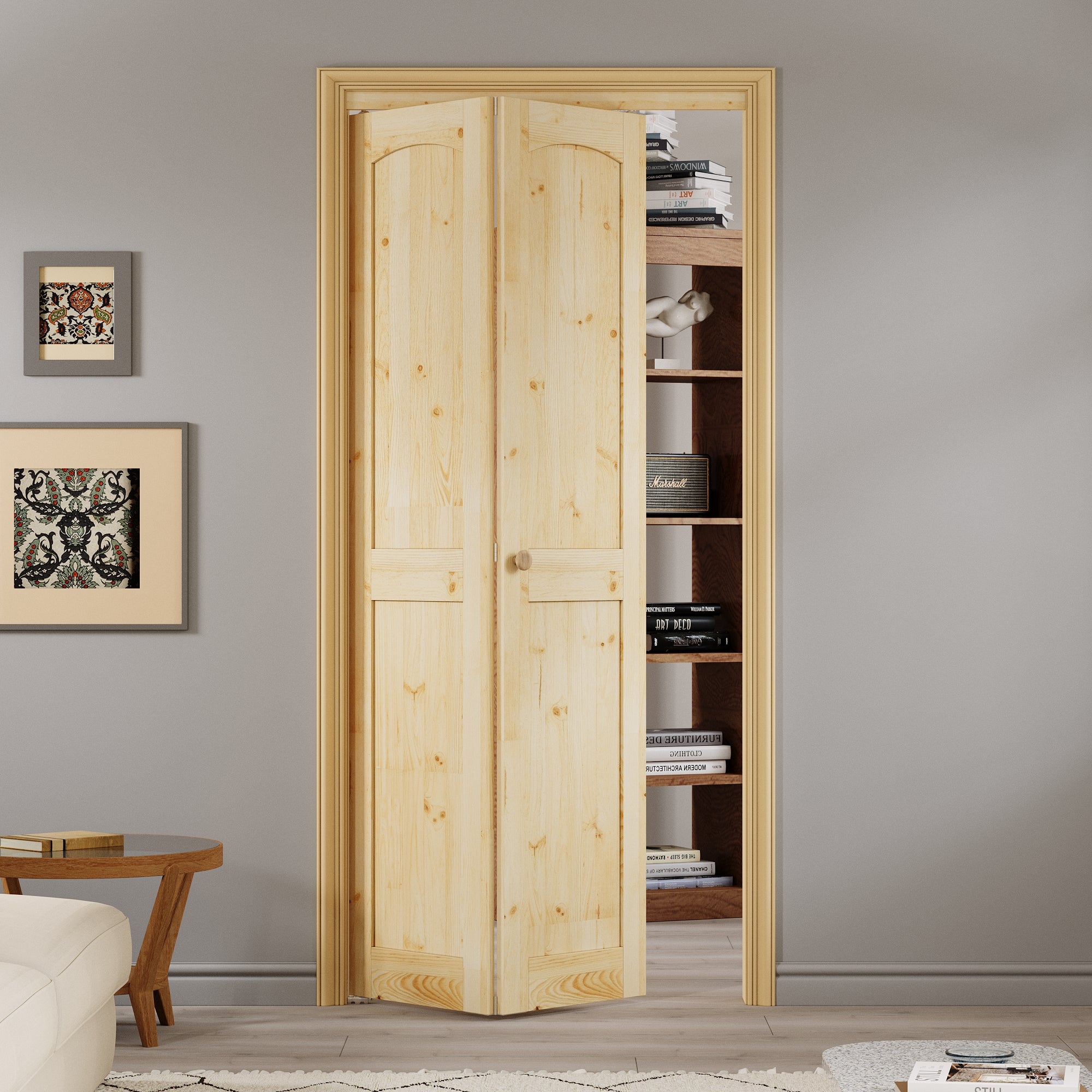 Ark Design Arch Panel 2-Lite Solid Core Unfinished Pine Wood Interior Closet Bi-Fold Door with Hardware