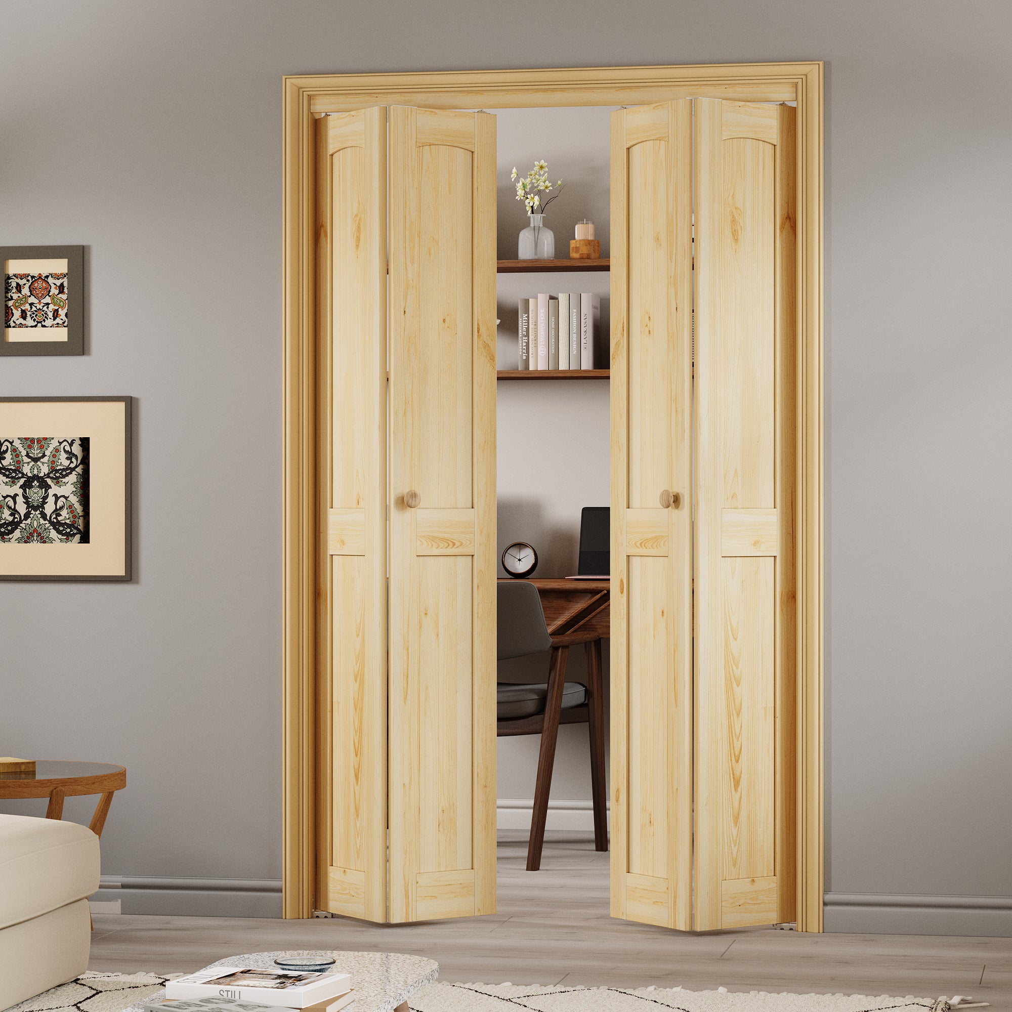 Ark Design Arch Panel 2-Lite Solid Core Unfinished Pine Wood Interior Closet Bi-Fold Door with Hardware