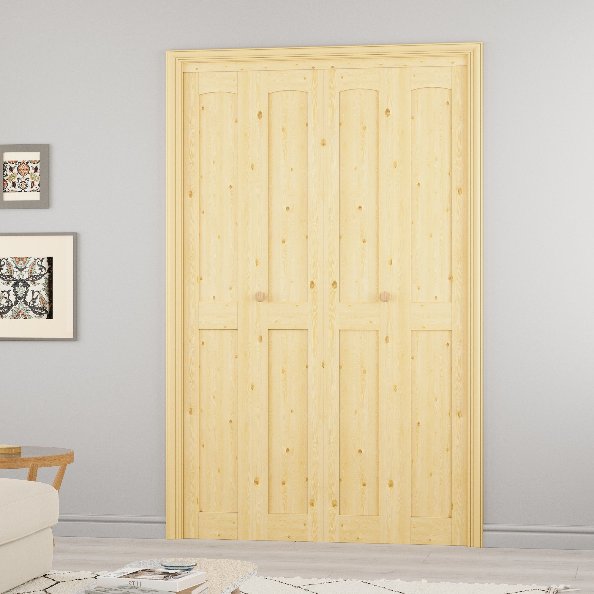Ark Design Arch Panel 2-Lite Solid Core Unfinished Pine Wood Interior Closet Bi-Fold Door with Hardware