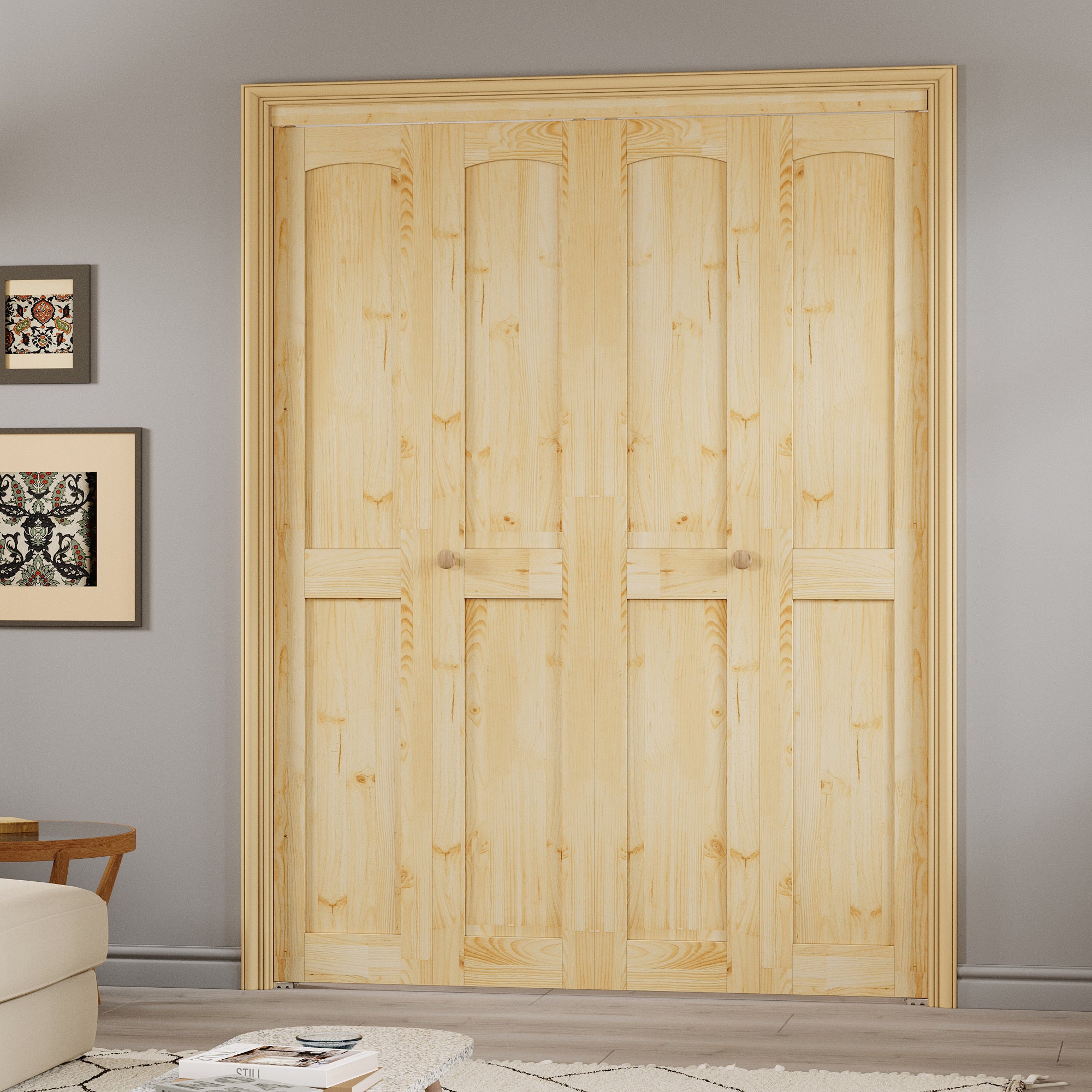 Ark Design Arch Panel 2-Lite Solid Core Unfinished Pine Wood Interior Closet Bi-Fold Door with Hardware