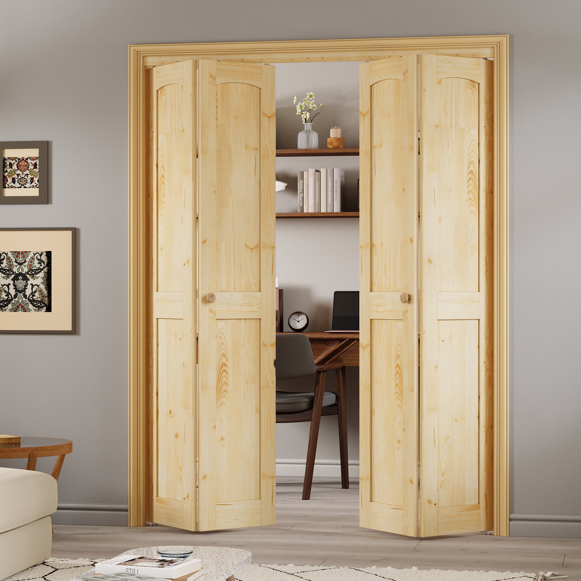 Ark Design Arch Panel 2-Lite Solid Core Unfinished Pine Wood Interior Closet Bi-Fold Door with Hardware