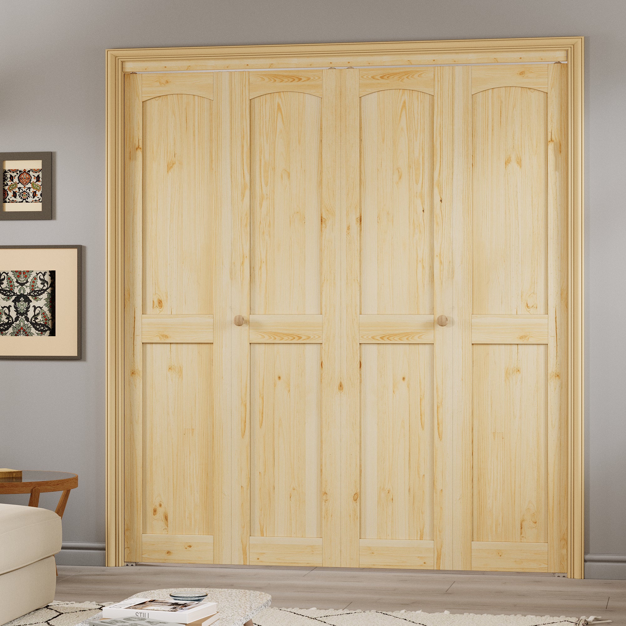Ark Design Arch Panel 2-Lite Solid Core Unfinished Pine Wood Interior Closet Bi-Fold Door with Hardware