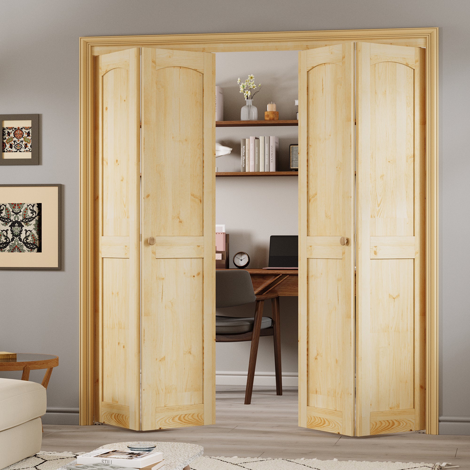 Ark Design Arch Panel 2-Lite Solid Core Unfinished Pine Wood Interior Closet Bi-Fold Door with Hardware