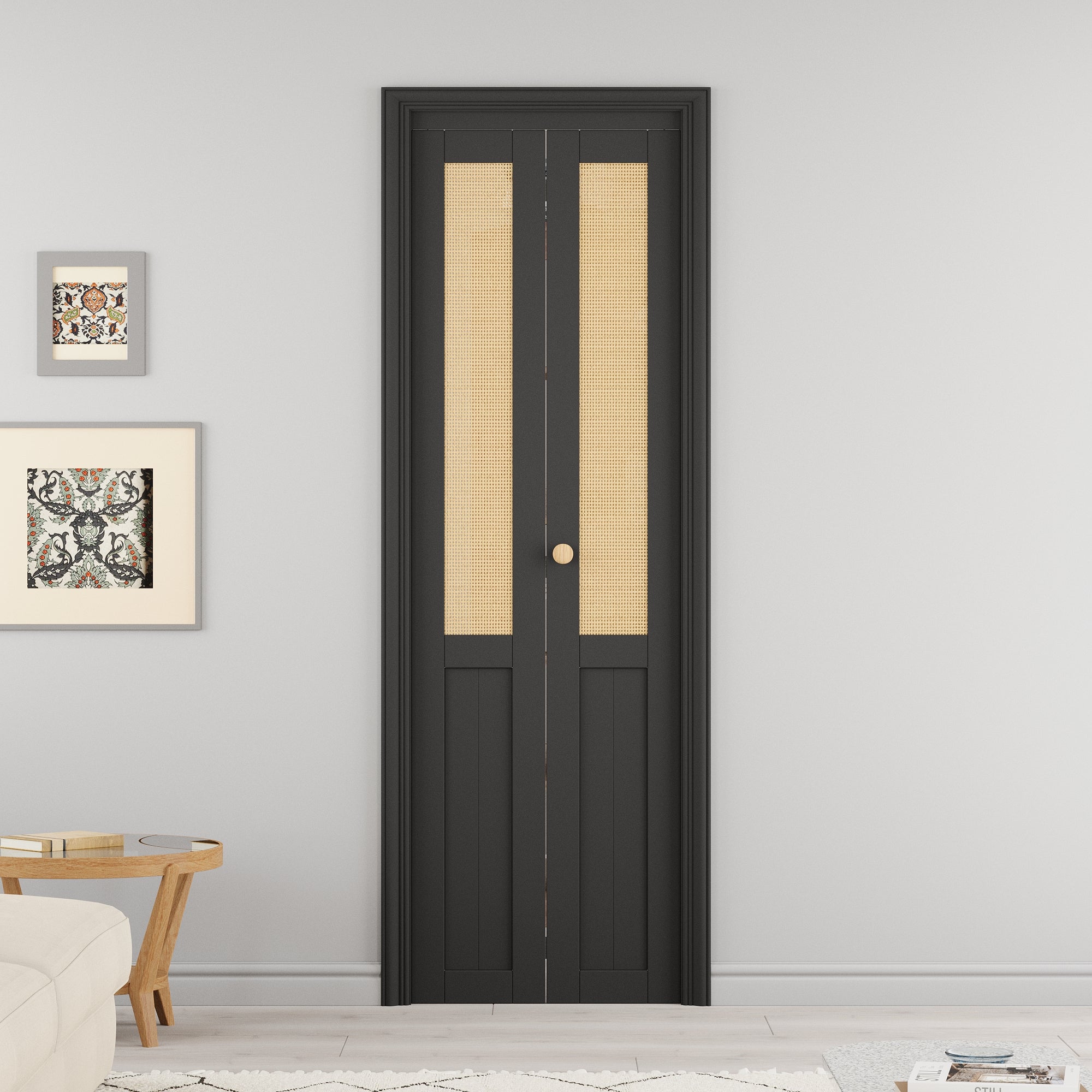 Ark Design Half Paneled Solid Core Black Finished MDF Wood and Imitated Rattan Weaving Bi-Fold Door with Hardware