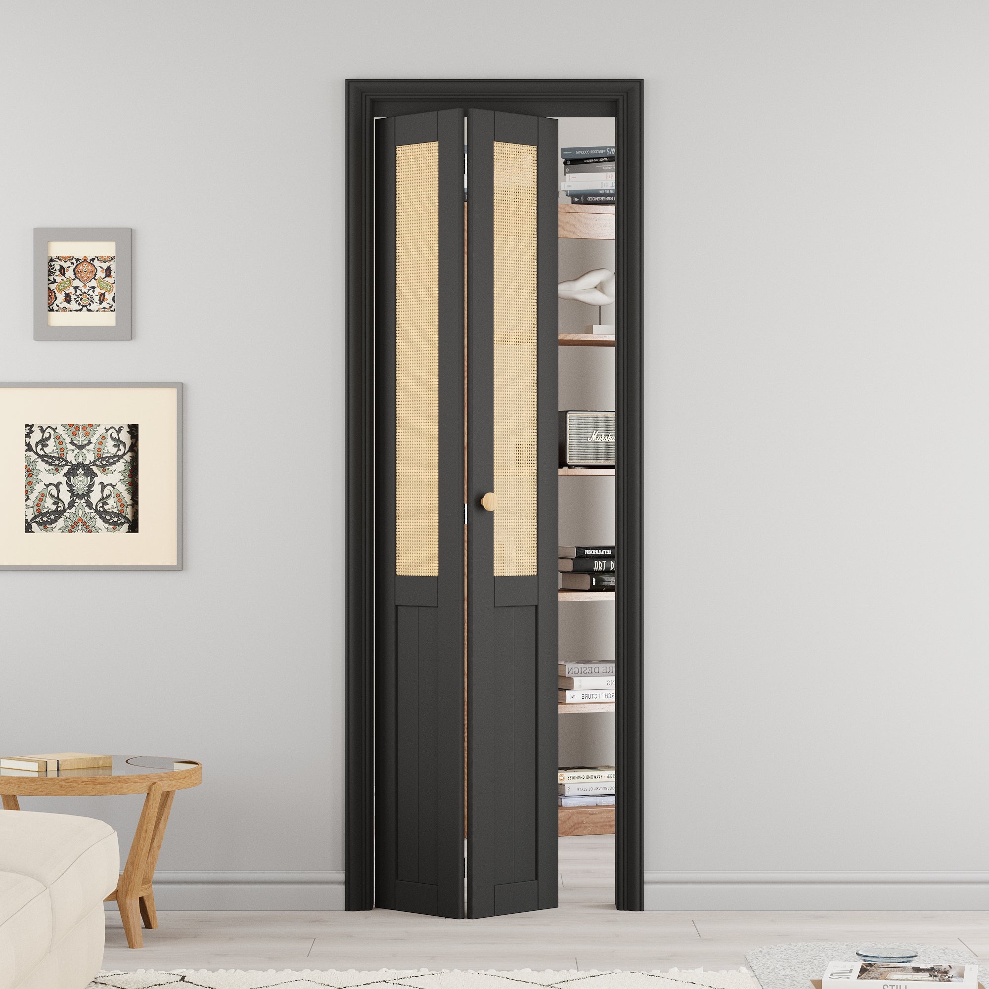 Ark Design Half Paneled Solid Core Black Finished MDF Wood and Imitated Rattan Weaving Bi-Fold Door with Hardware