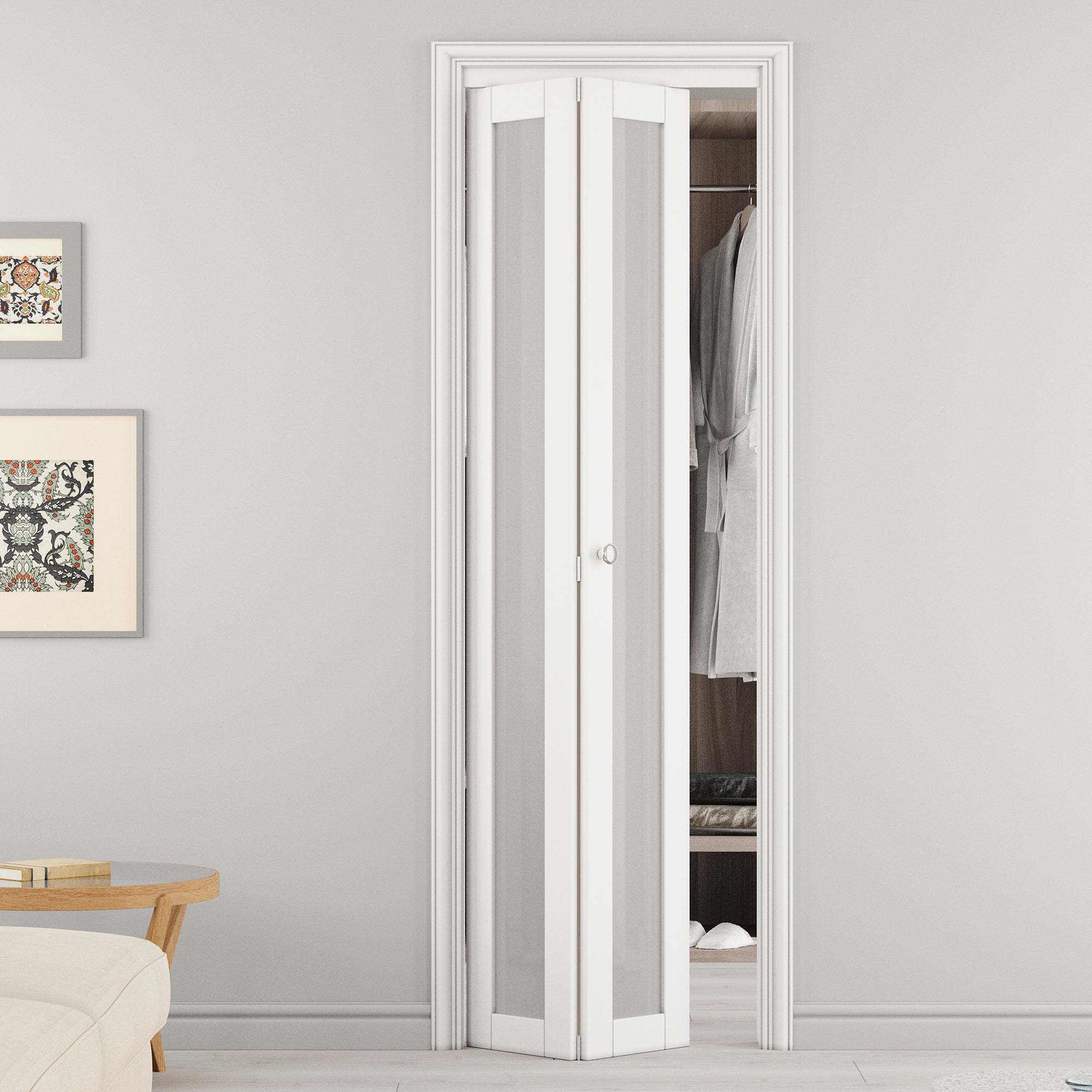 Ark Design 1-Lite Tempered Frosted Glass Closet Bifold Door with Hardware Kit & Knob, Solid Core MDF Wood & PVC Covered Finished, White