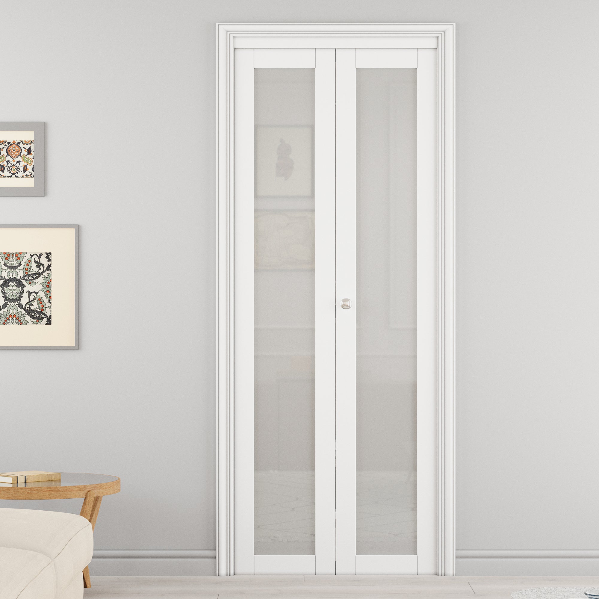 Ark Design 1-Lite Tempered Frosted Glass Closet Bifold Door with Hardware Kit & Knob, Solid Core MDF Wood & PVC Covered Finished, White