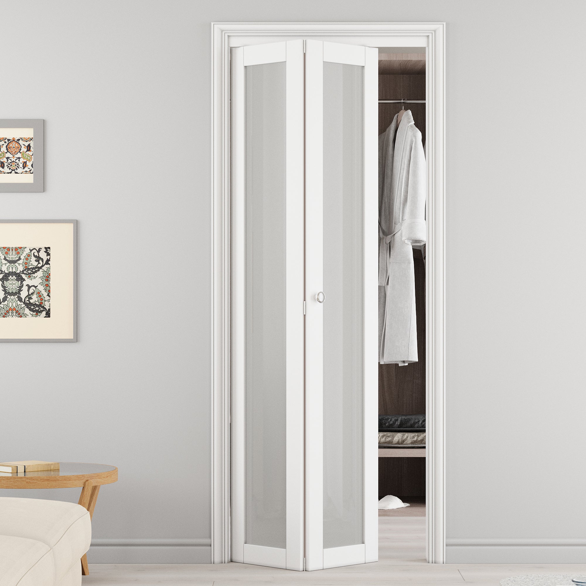 Ark Design 1-Lite Tempered Frosted Glass Closet Bifold Door with Hardware Kit & Knob, Solid Core MDF Wood & PVC Covered Finished, White