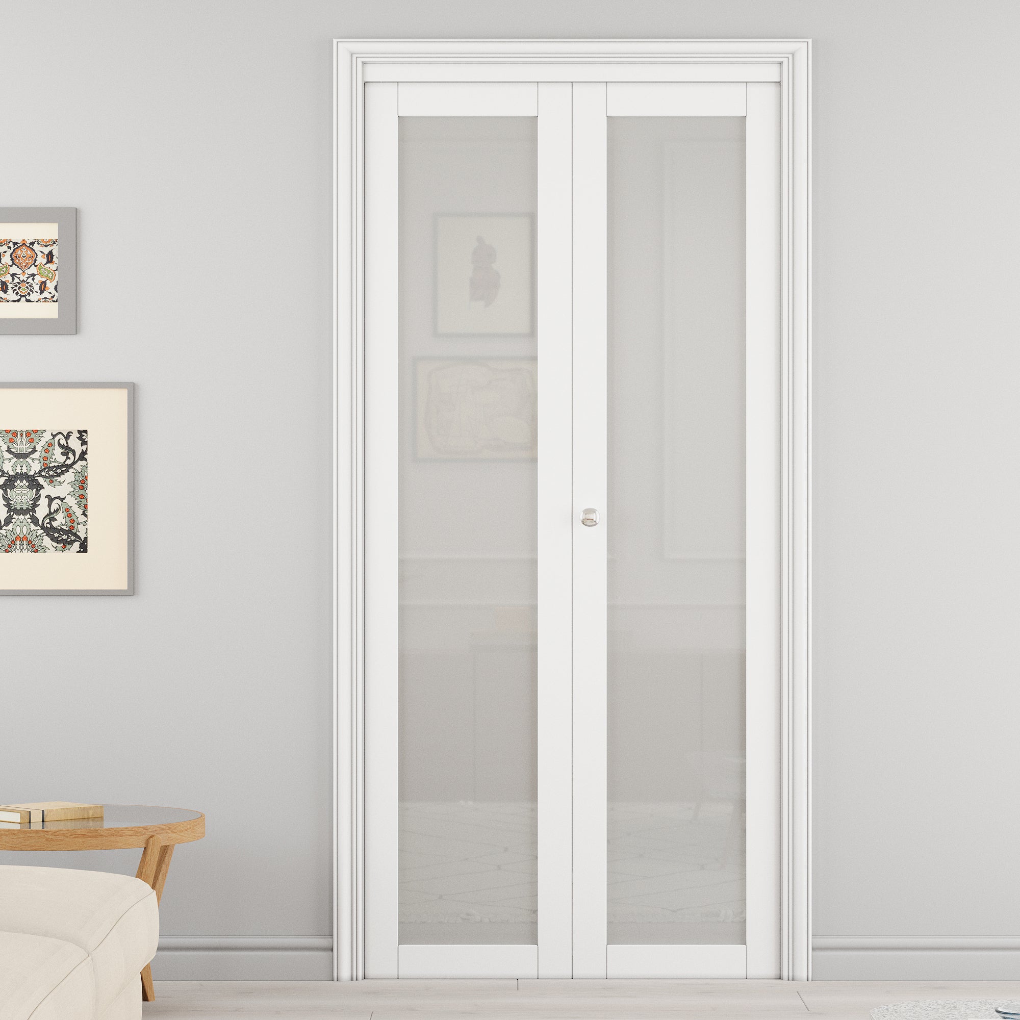 Ark Design 1-Lite Tempered Frosted Glass Closet Bifold Door with Hardware Kit & Knob, Solid Core MDF Wood & PVC Covered Finished, White