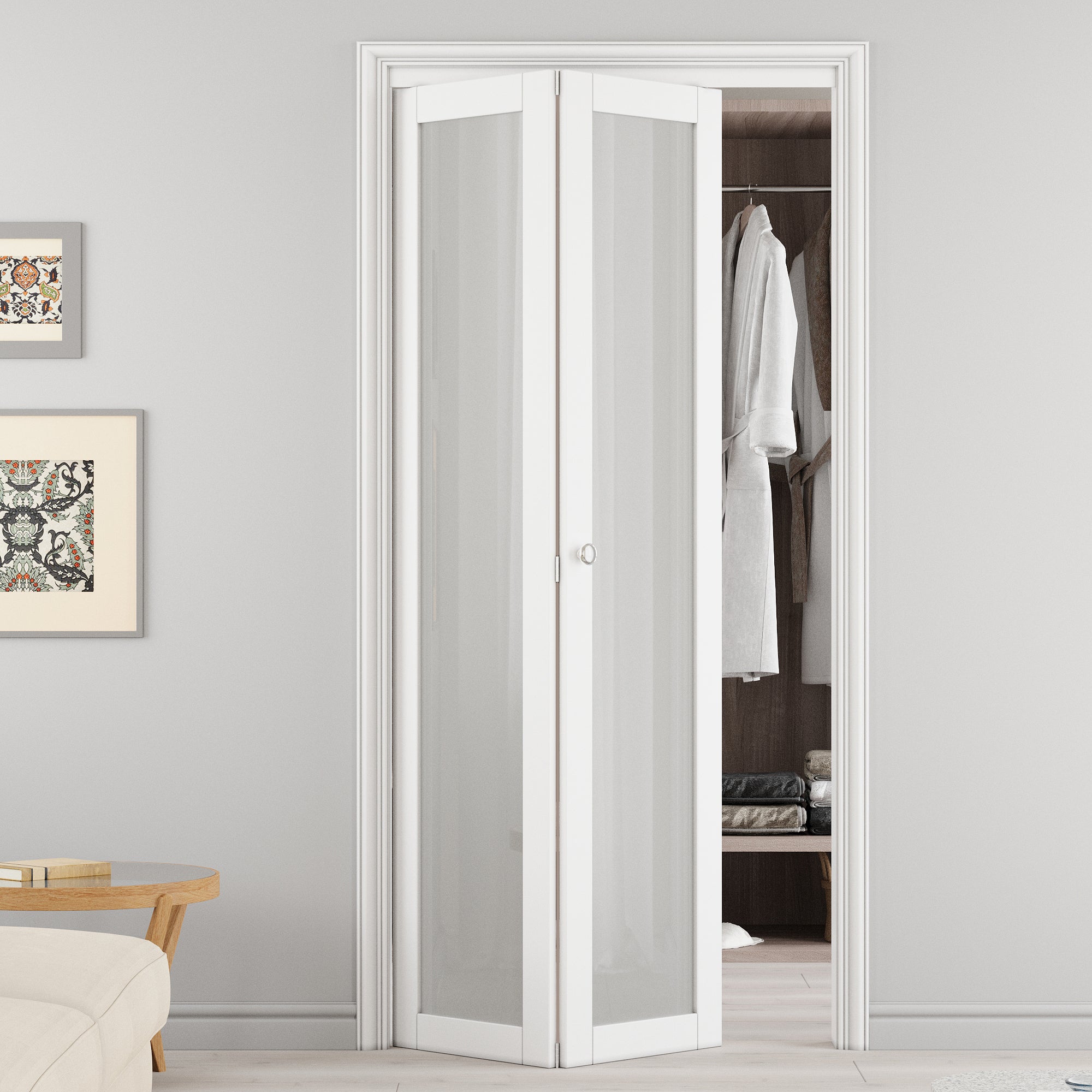Ark Design 1-Lite Tempered Frosted Glass Closet Bifold Door with Hardware Kit & Knob, Solid Core MDF Wood & PVC Covered Finished, White