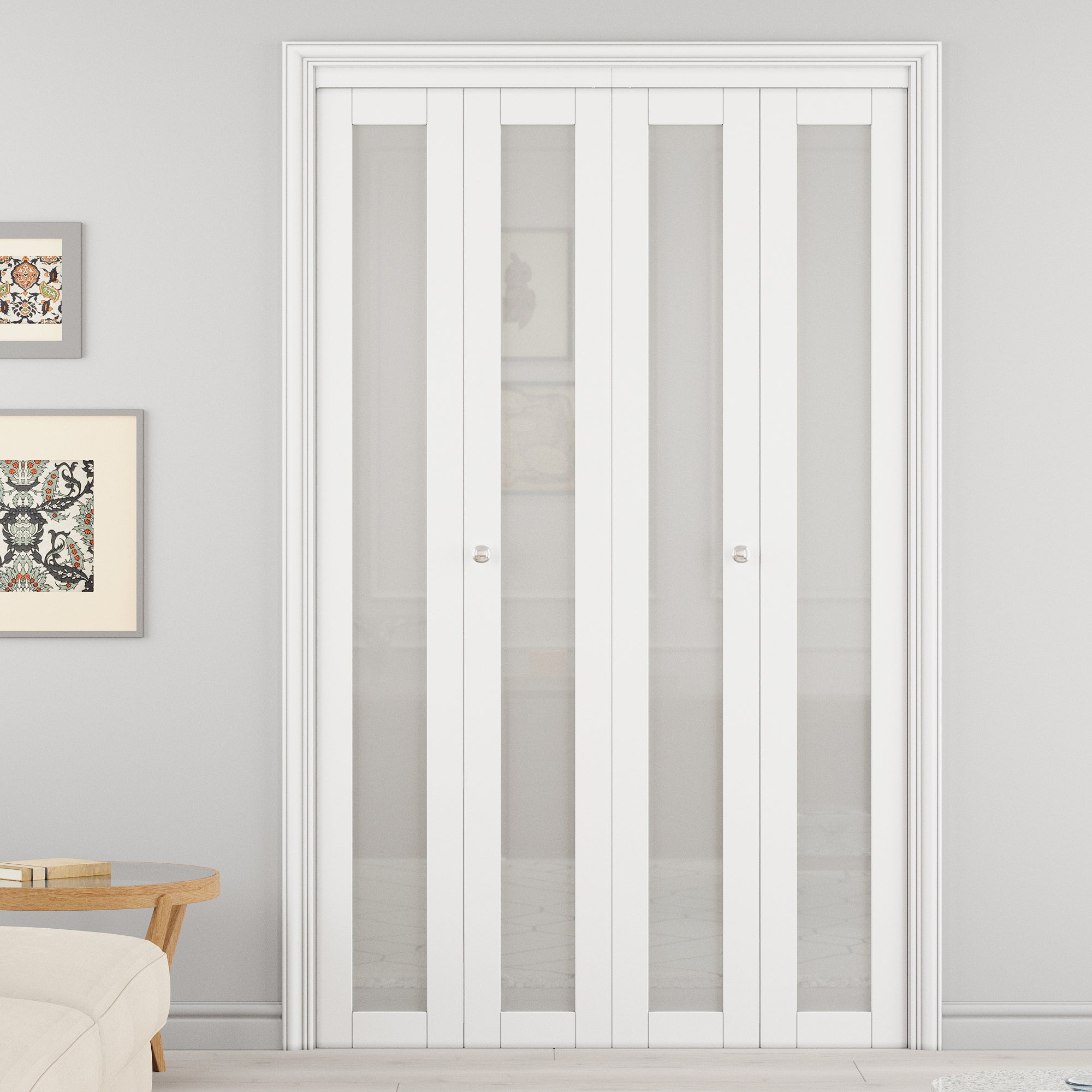 Ark Design 1-Lite Tempered Frosted Glass Closet Bifold Door with Hardware Kit & Knob, Solid Core MDF Wood & PVC Covered Finished, White