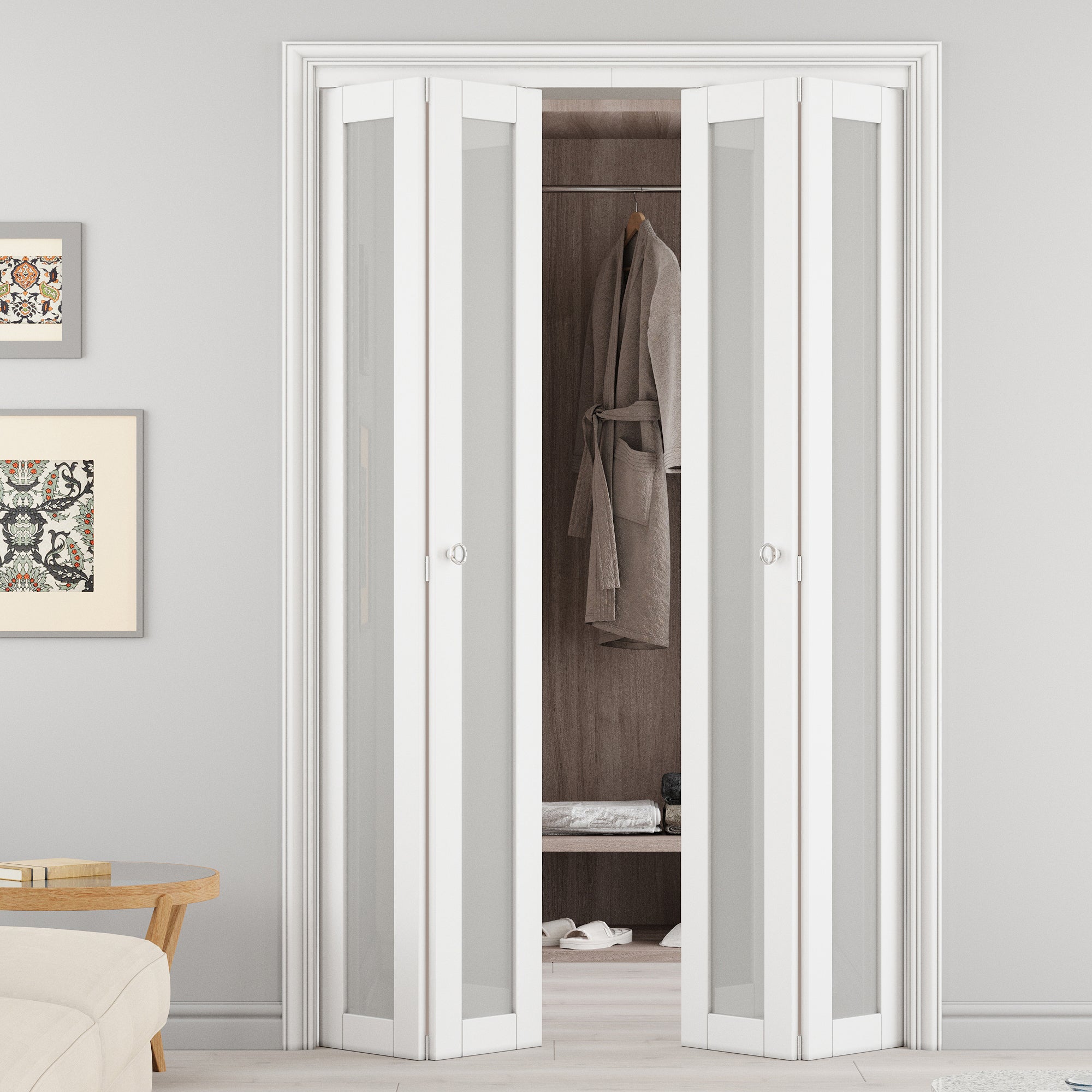 Ark Design 1-Lite Tempered Frosted Glass Closet Bifold Door with Hardware Kit & Knob, Solid Core MDF Wood & PVC Covered Finished, White