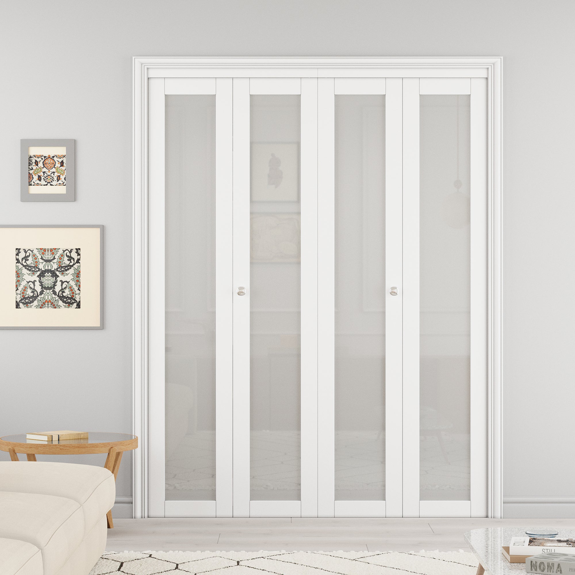 Ark Design 1-Lite Tempered Frosted Glass Closet Bifold Door with Hardware Kit & Knob, Solid Core MDF Wood & PVC Covered Finished, White