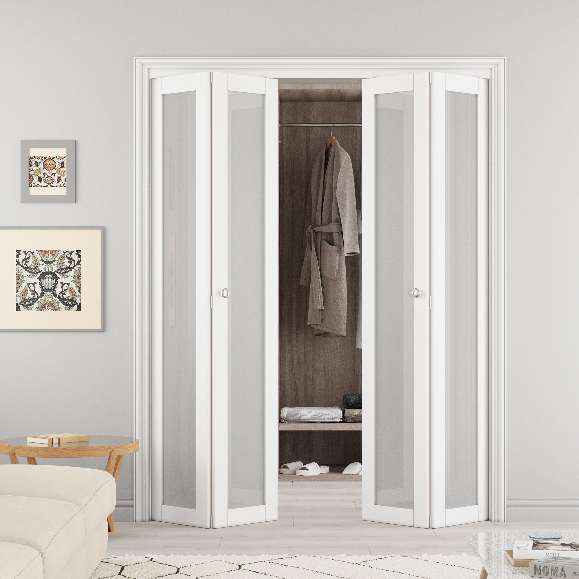 Ark Design 1-Lite Tempered Frosted Glass Closet Bifold Door with Hardware Kit & Knob, Solid Core MDF Wood & PVC Covered Finished, White