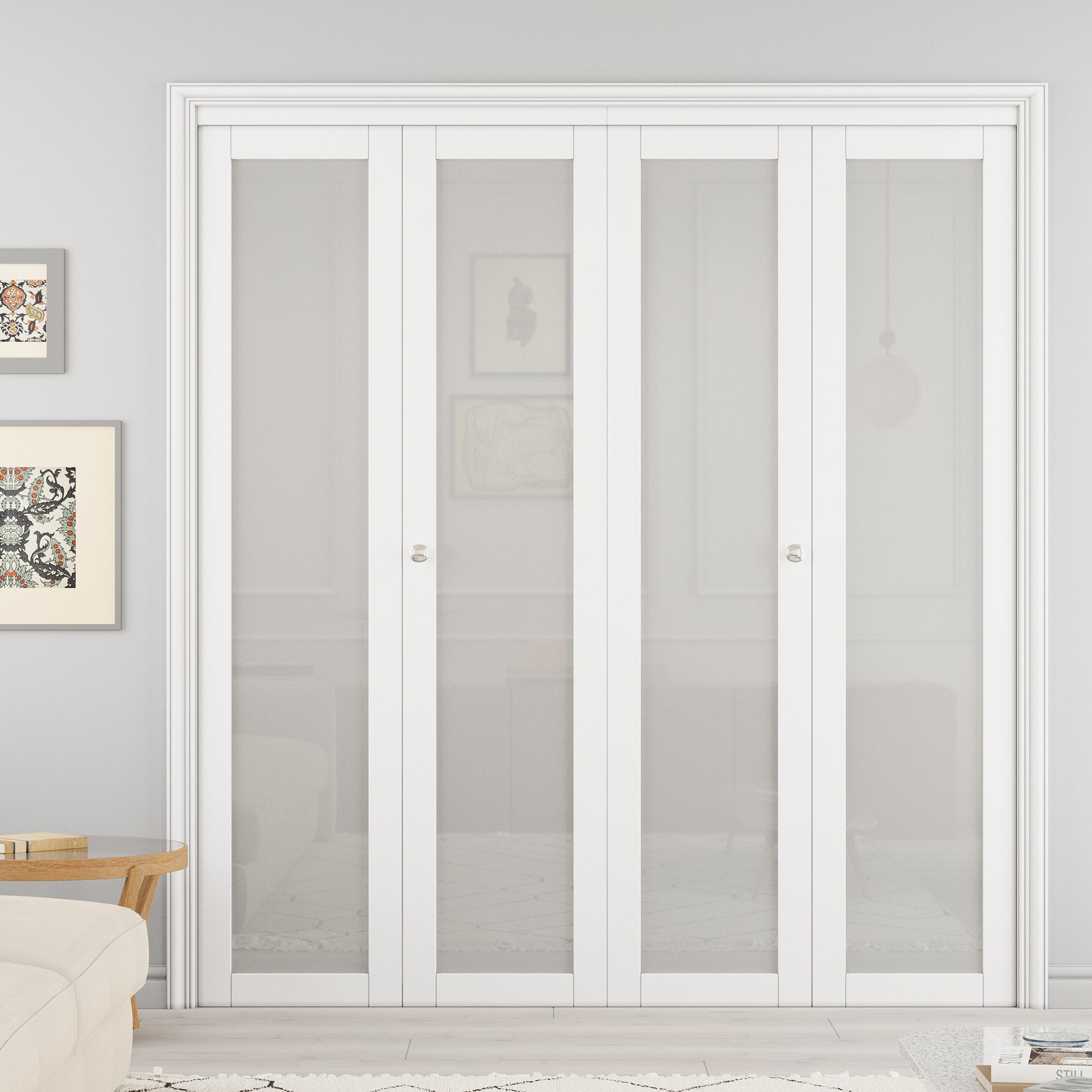 Ark Design 1-Lite Tempered Frosted Glass Closet Bifold Door with Hardware Kit & Knob, Solid Core MDF Wood & PVC Covered Finished, White