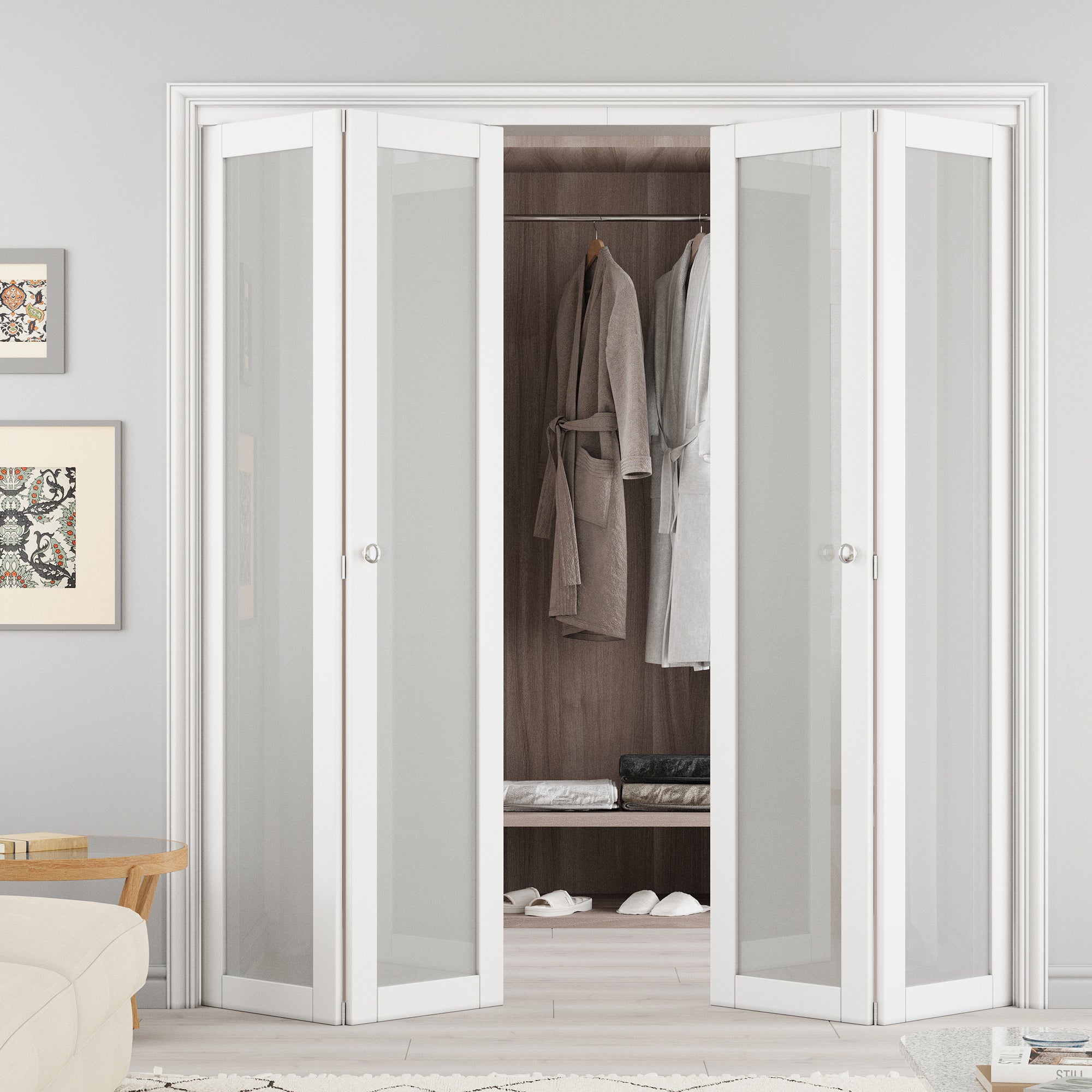 Ark Design 1-Lite Tempered Frosted Glass Closet Bifold Door with Hardware Kit & Knob, Solid Core MDF Wood & PVC Covered Finished, White
