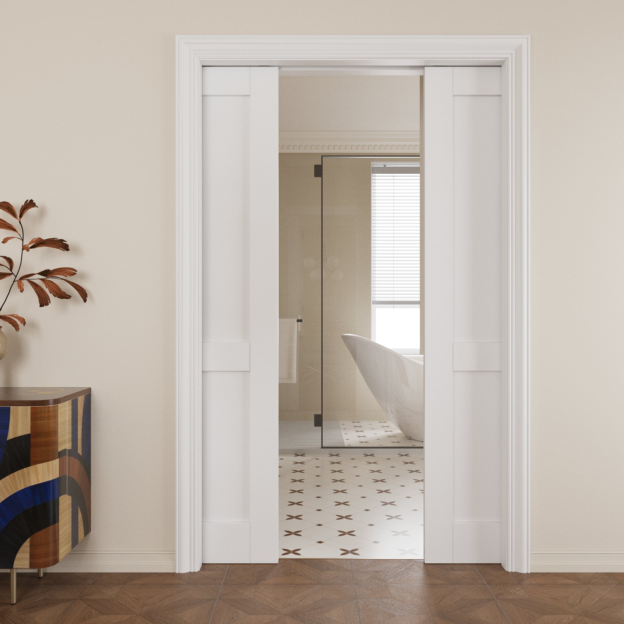 Ark Design 2 lite Panel Pocket Door with Hardware Kit & Soft Close & Frame, Solid Core MDF Wood & Paint-grade Finished, White