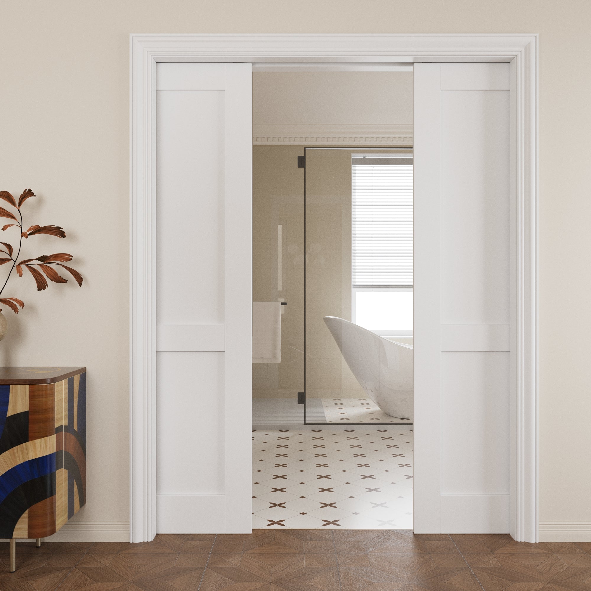 Ark Design 2 lite Panel Pocket Door with Hardware Kit & Soft Close & Frame, Solid Core MDF Wood & Paint-grade Finished, White