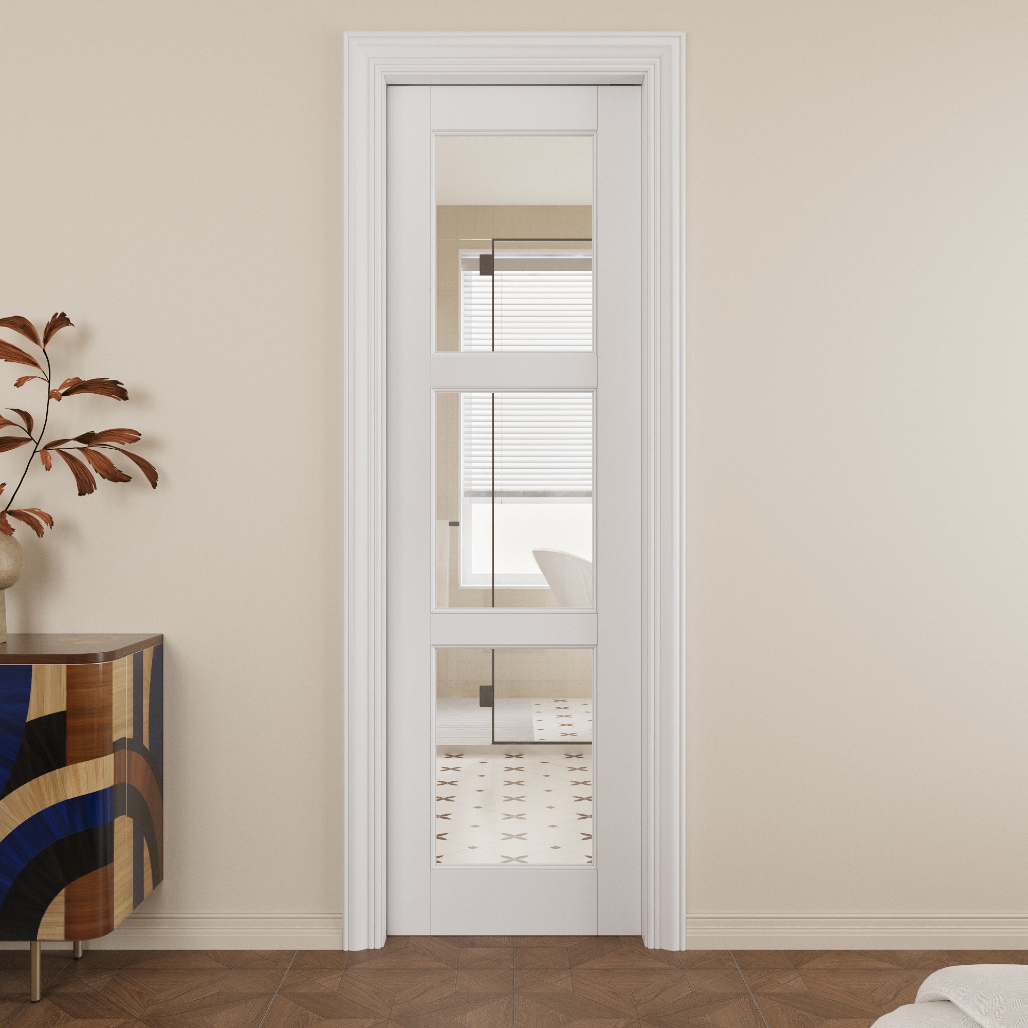 Ark Design 3-Lite Clear Glass Pocket Door with Hardware Kit & Soft Close & Frame, MDF Wood & Paint-grade Finished, White