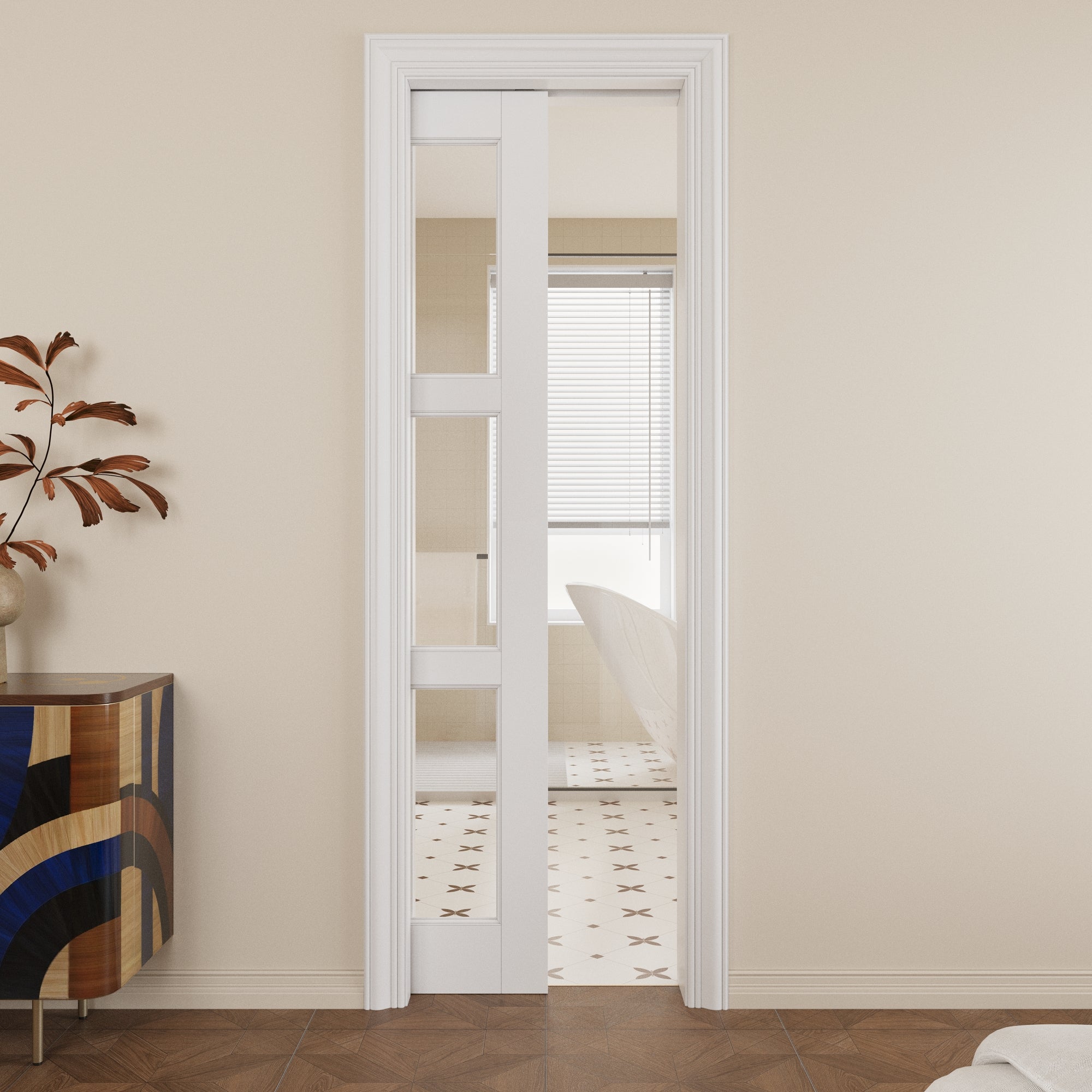 Ark Design 3-Lite Clear Glass Pocket Door with Hardware Kit & Soft Close & Frame, MDF Wood & Paint-grade Finished, White
