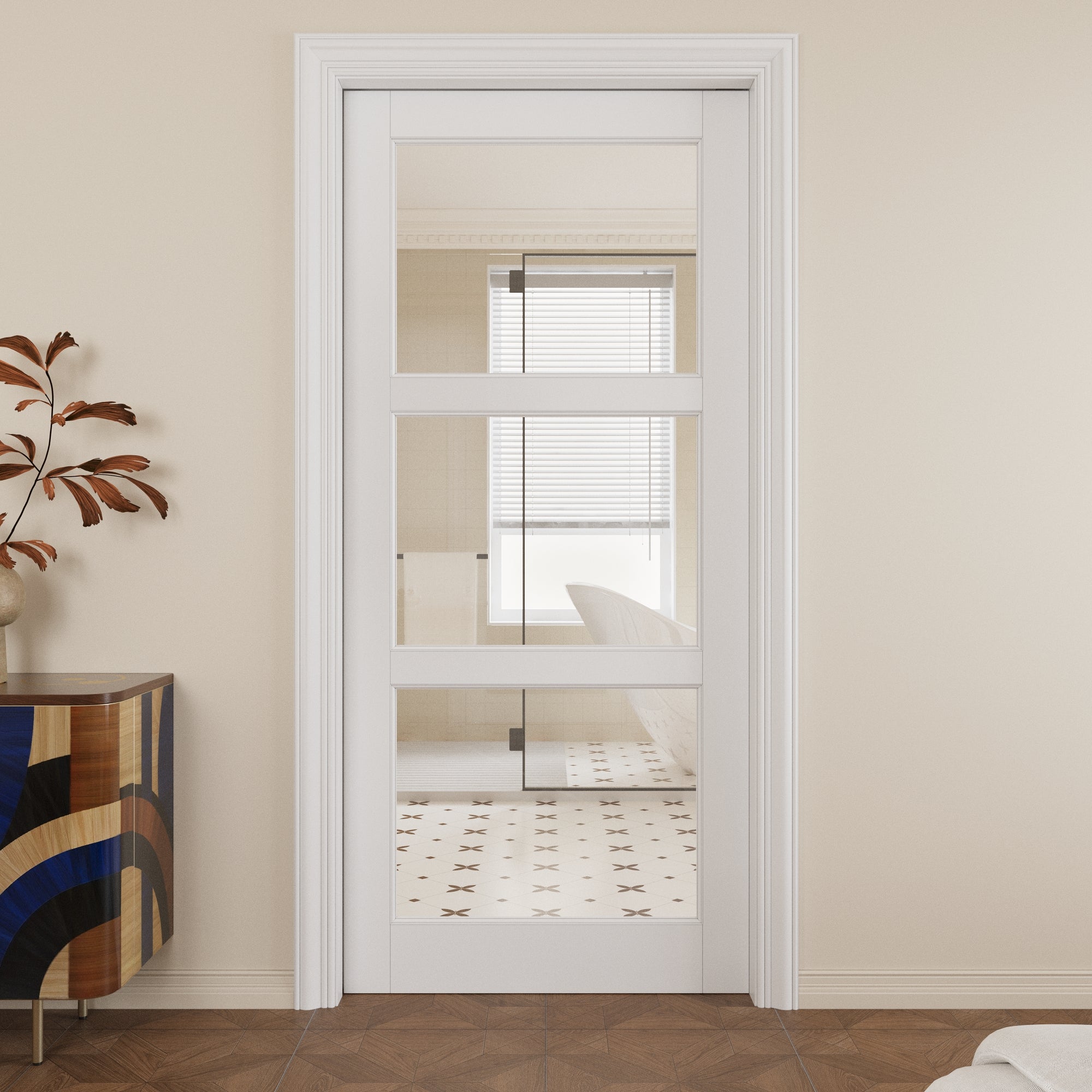 Ark Design 3-Lite Clear Glass Pocket Door with Hardware Kit & Soft Close & Frame, MDF Wood & Paint-grade Finished, White