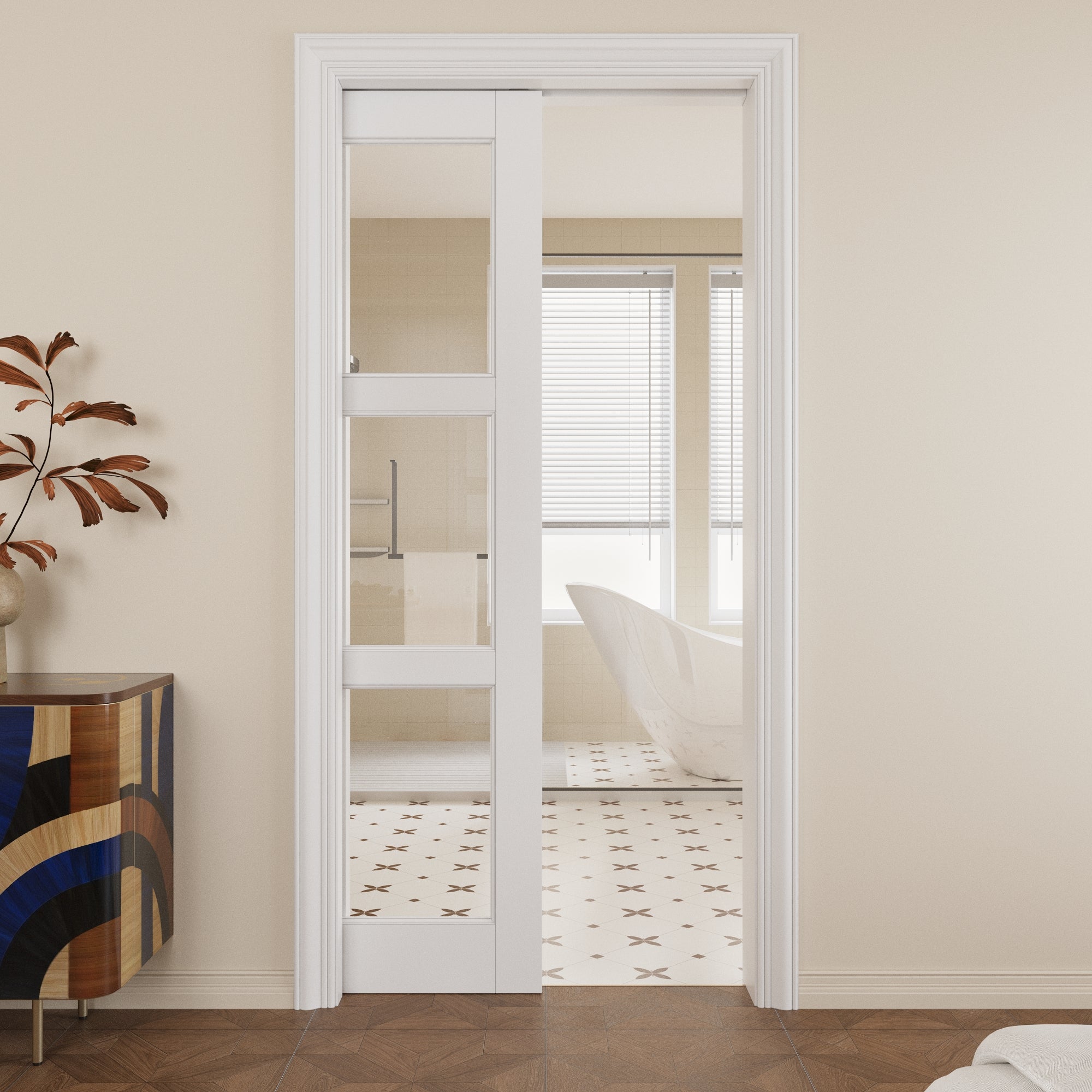 Ark Design 3-Lite Clear Glass Pocket Door with Hardware Kit & Soft Close & Frame, MDF Wood & Paint-grade Finished, White
