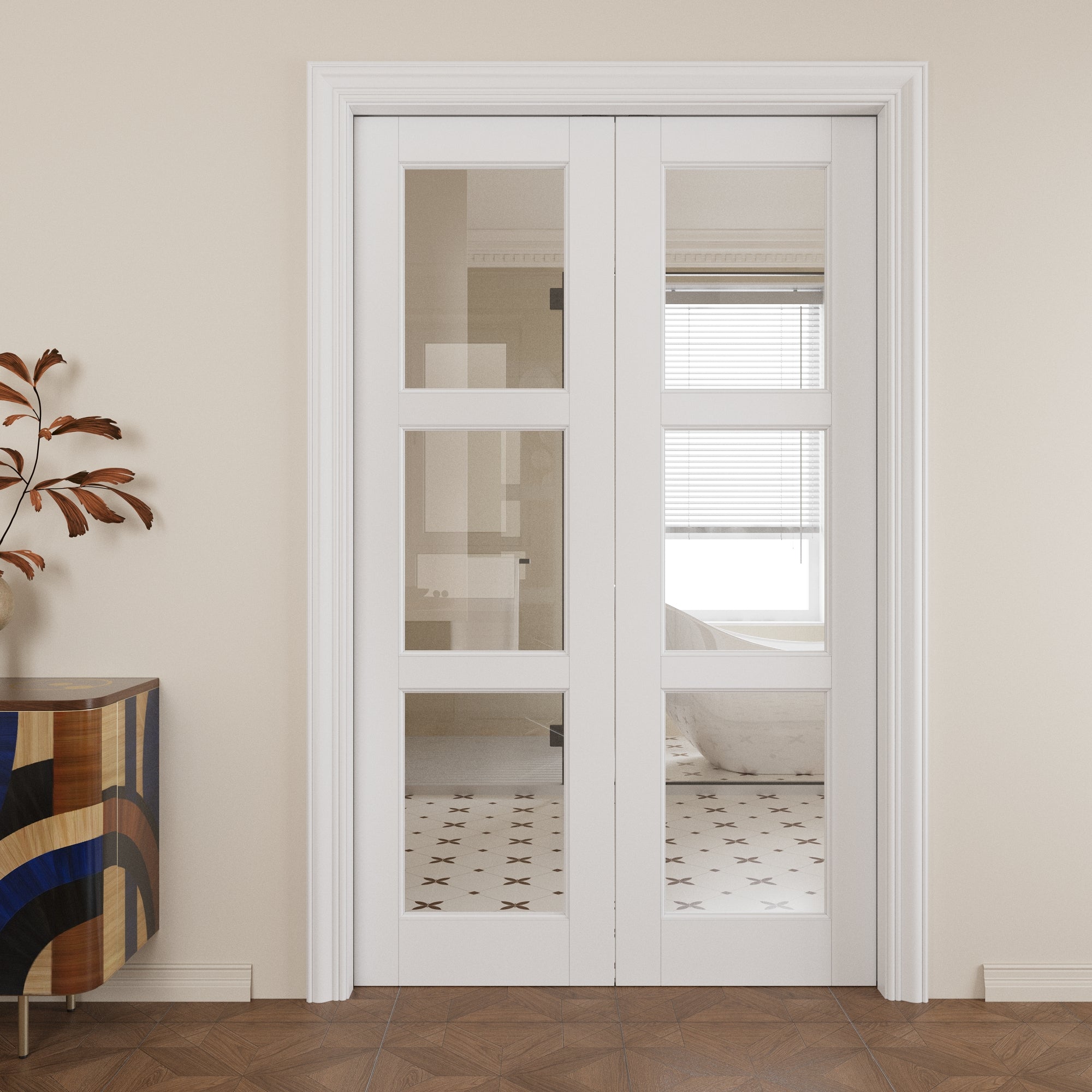 Ark Design 3-Lite Clear Glass Pocket Door with Hardware Kit & Soft Close & Frame, MDF Wood & Paint-grade Finished, White