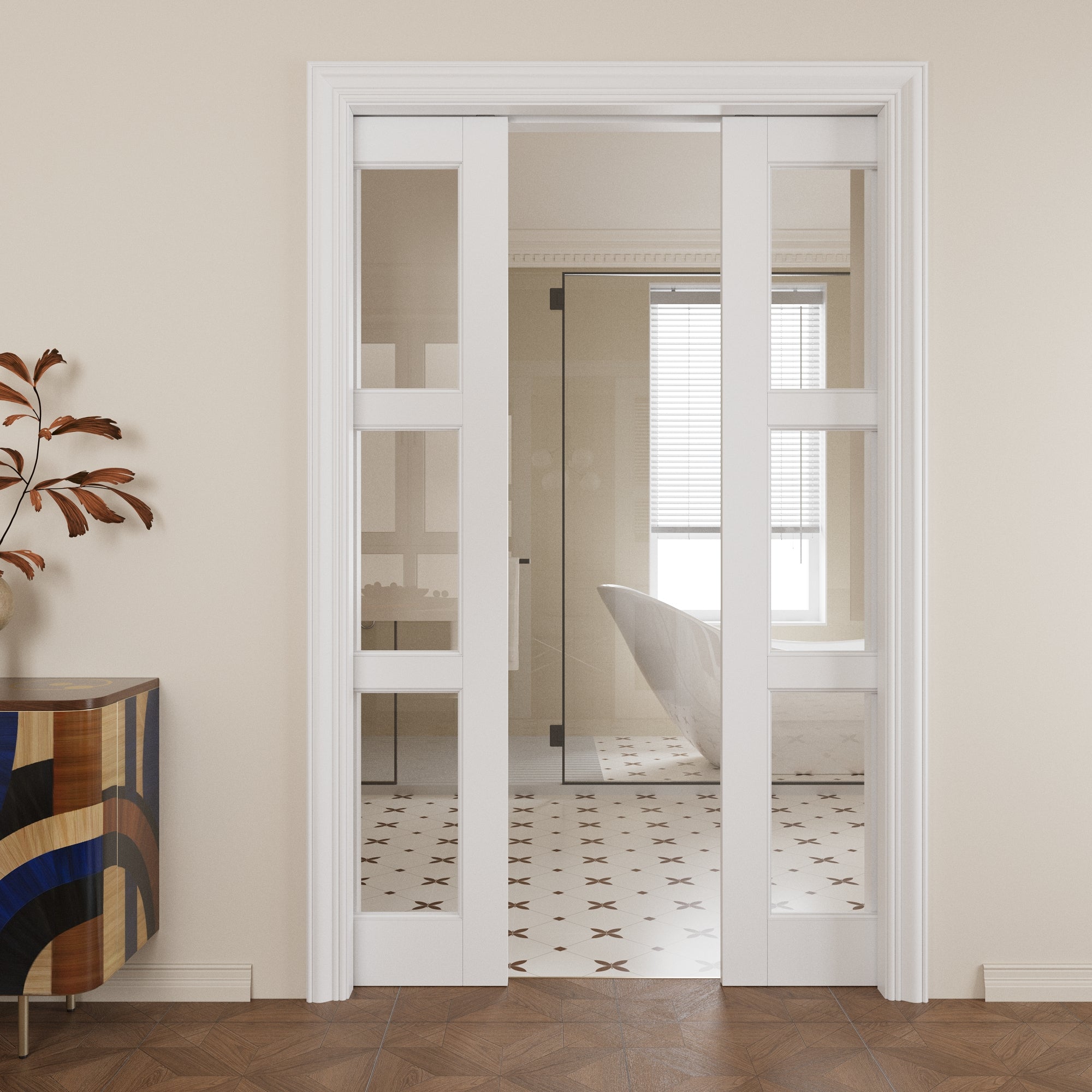 Ark Design 3-Lite Clear Glass Pocket Door with Hardware Kit & Soft Close & Frame, MDF Wood & Paint-grade Finished, White