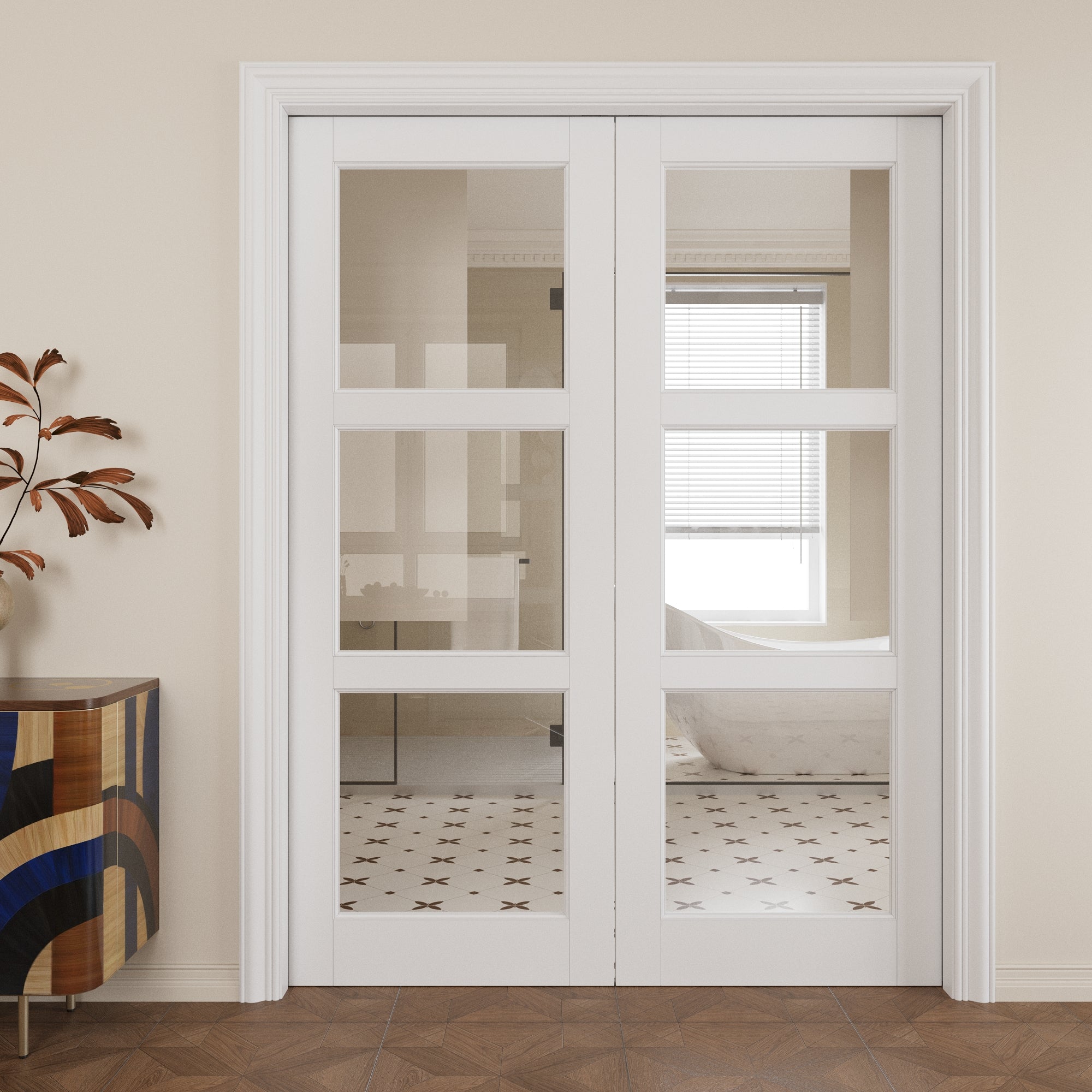 Ark Design 3-Lite Clear Glass Pocket Door with Hardware Kit & Soft Close & Frame, MDF Wood & Paint-grade Finished, White