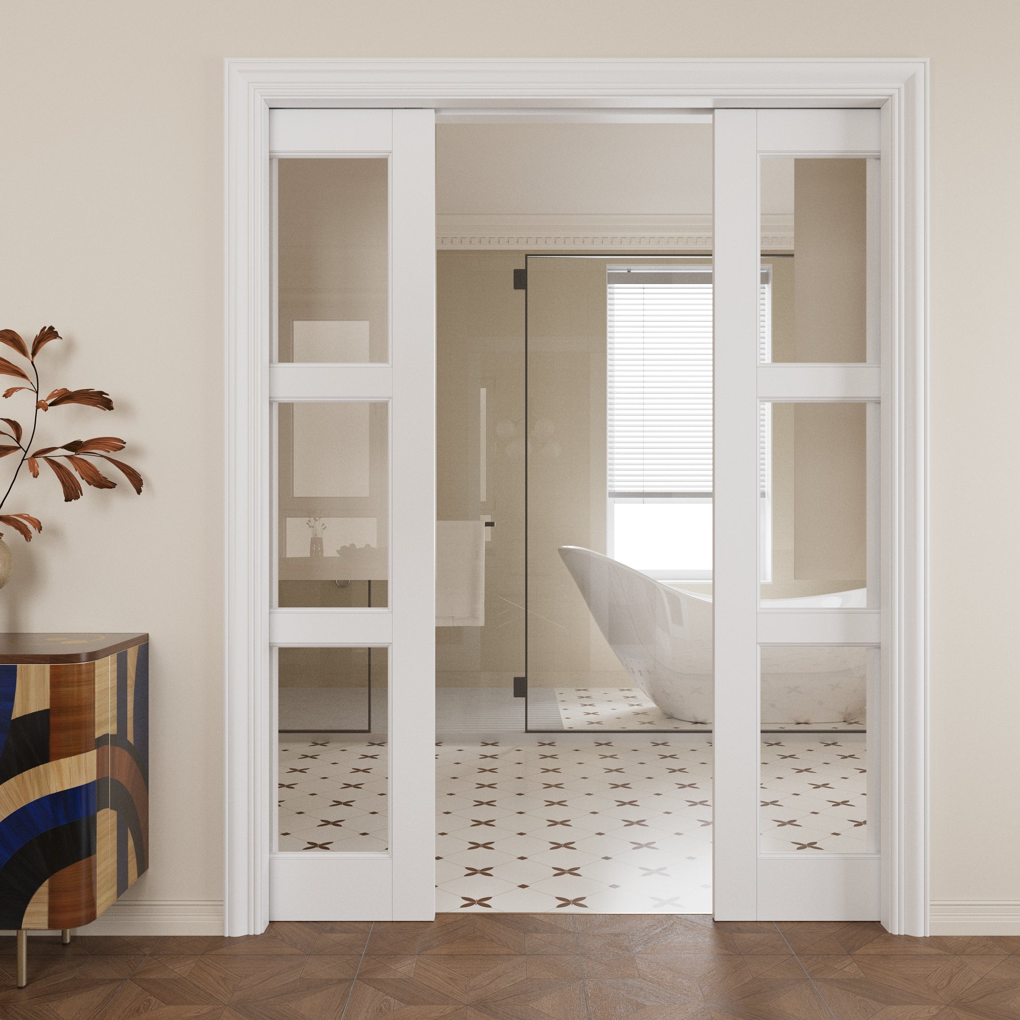 Ark Design 3-Lite Clear Glass Pocket Door with Hardware Kit & Soft Close & Frame, MDF Wood & Paint-grade Finished, White