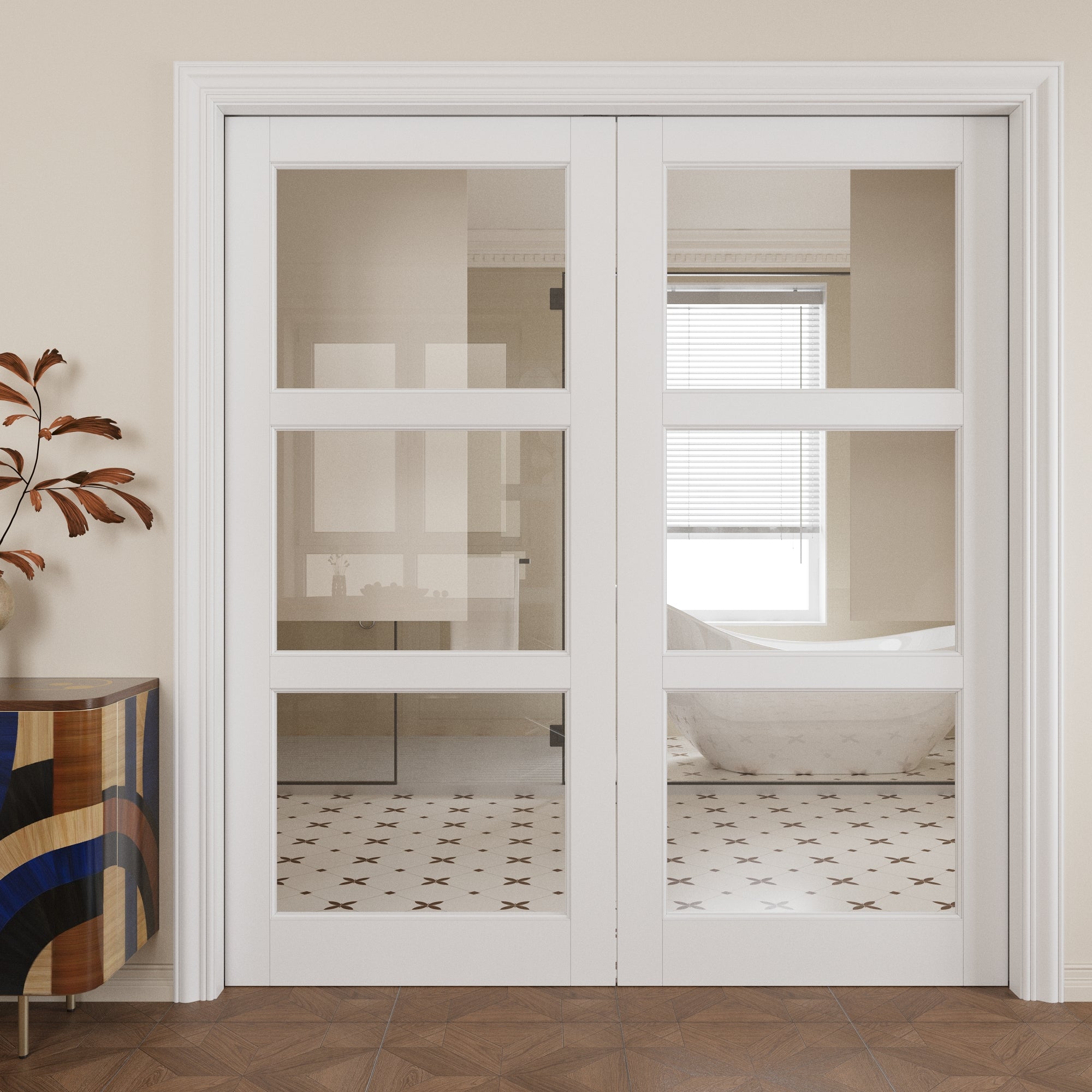 Ark Design 3-Lite Clear Glass Pocket Door with Hardware Kit & Soft Close & Frame, MDF Wood & Paint-grade Finished, White