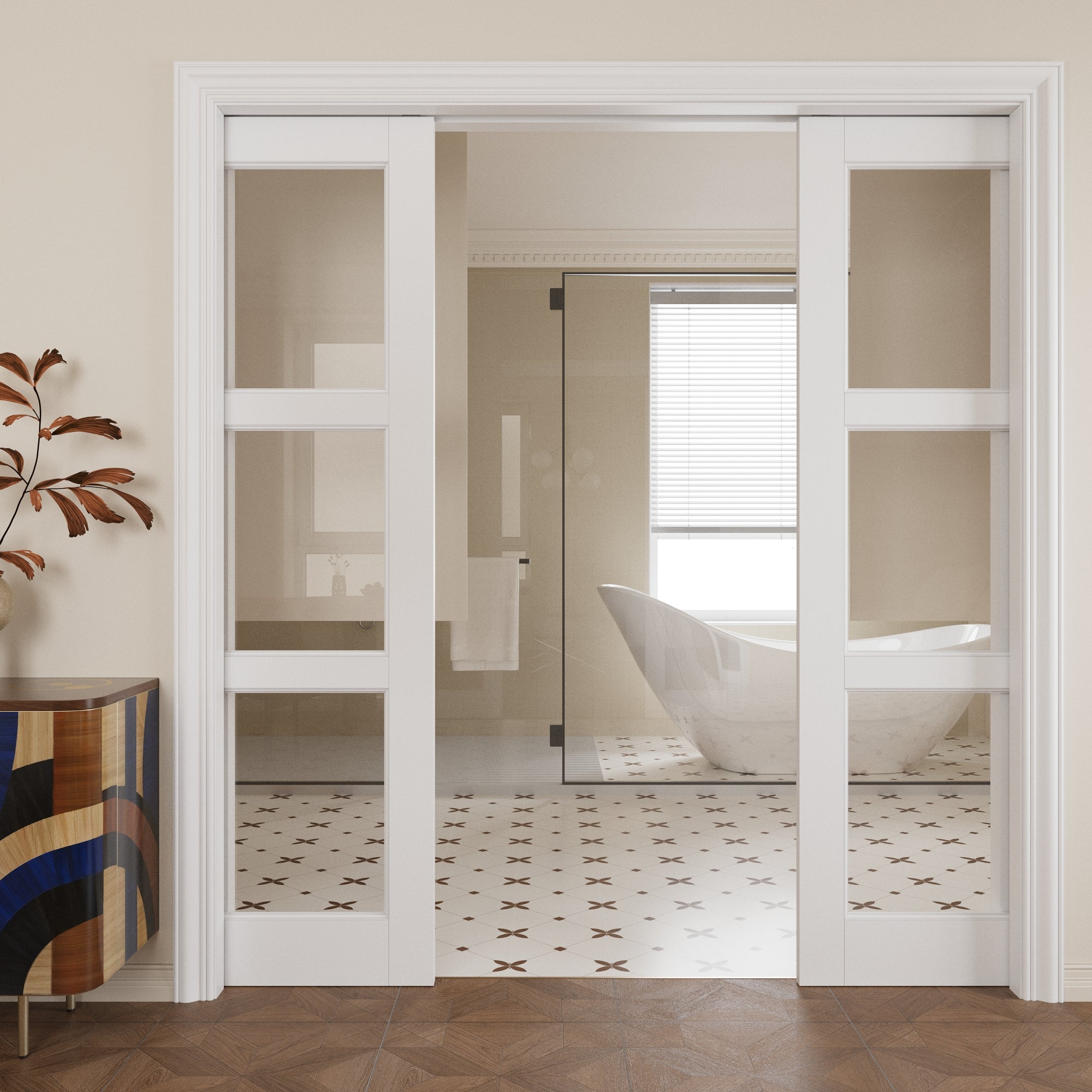 Ark Design 3-Lite Clear Glass Pocket Door with Hardware Kit & Soft Close & Frame, MDF Wood & Paint-grade Finished, White