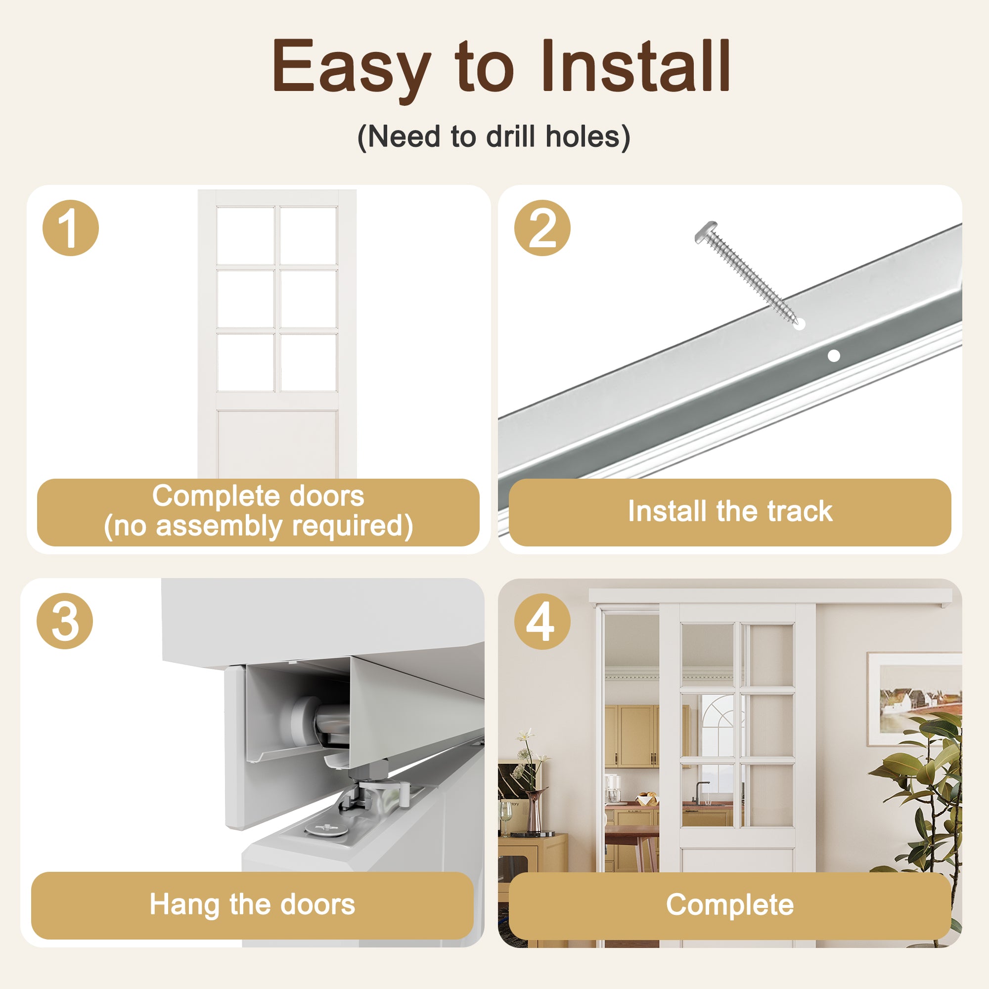Ark Design Hidden Track Style 6 Lite Tempered Clear Glass Primed MDF Sliding Barn Door with Hardware Kit