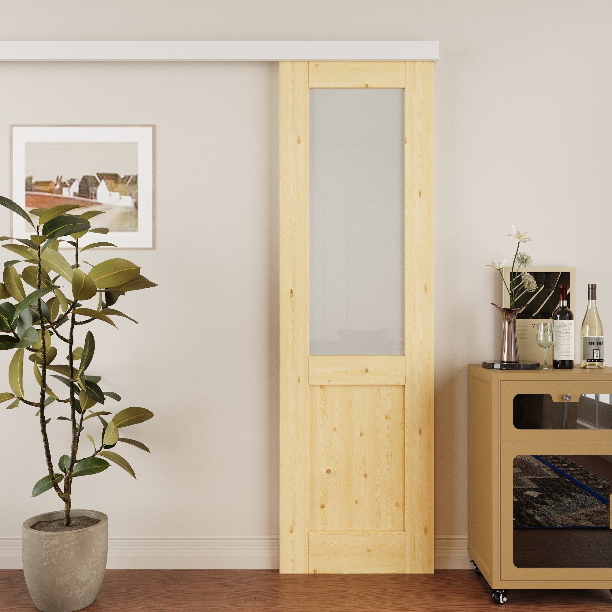 Ark Design Hidden Track Style Half Lite Frosted Glass Unfinished Solid Pine Wood Sliding Barn Door with Hardware Kit