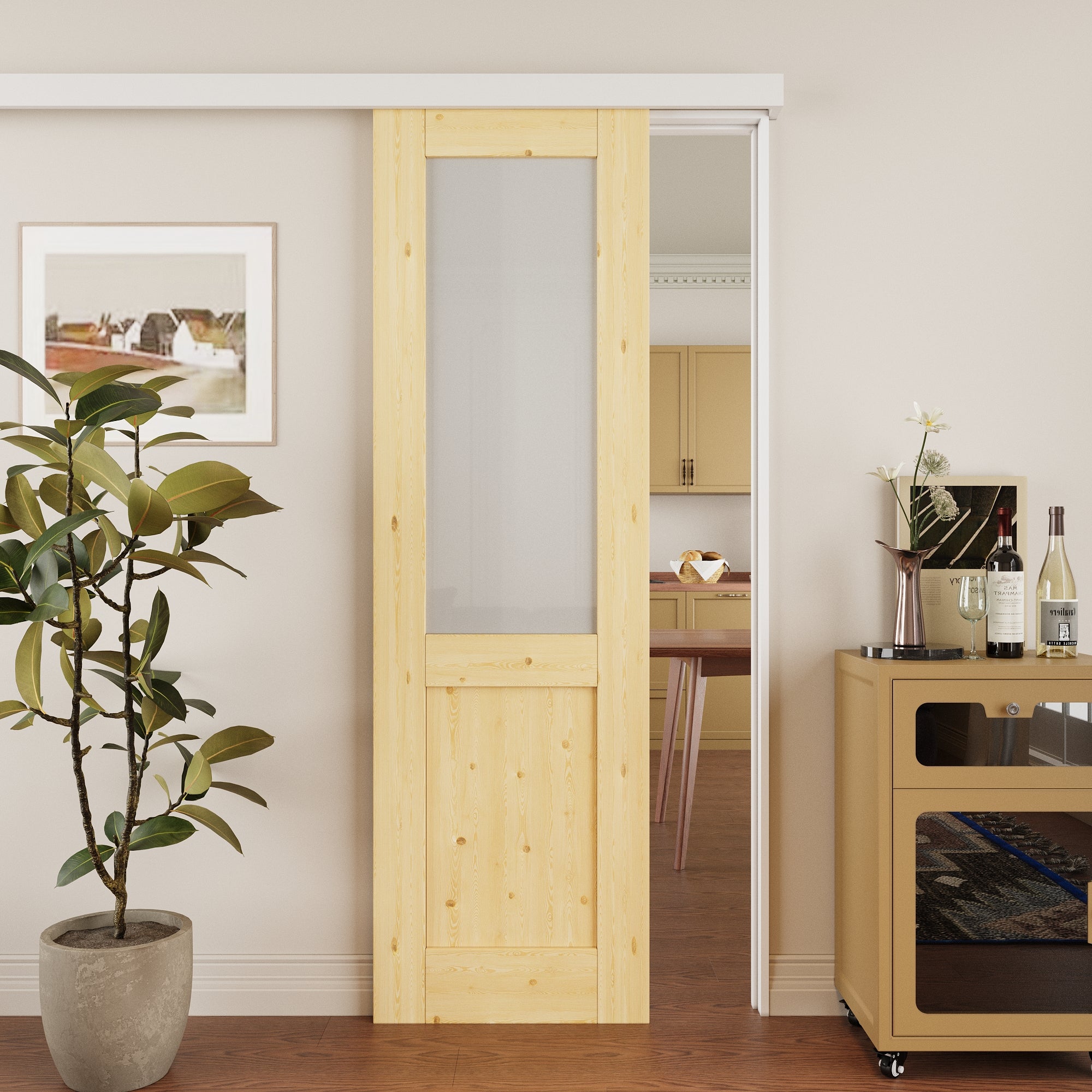 Ark Design Hidden Track Style Half Lite Frosted Glass Unfinished Solid Pine Wood Sliding Barn Door with Hardware Kit